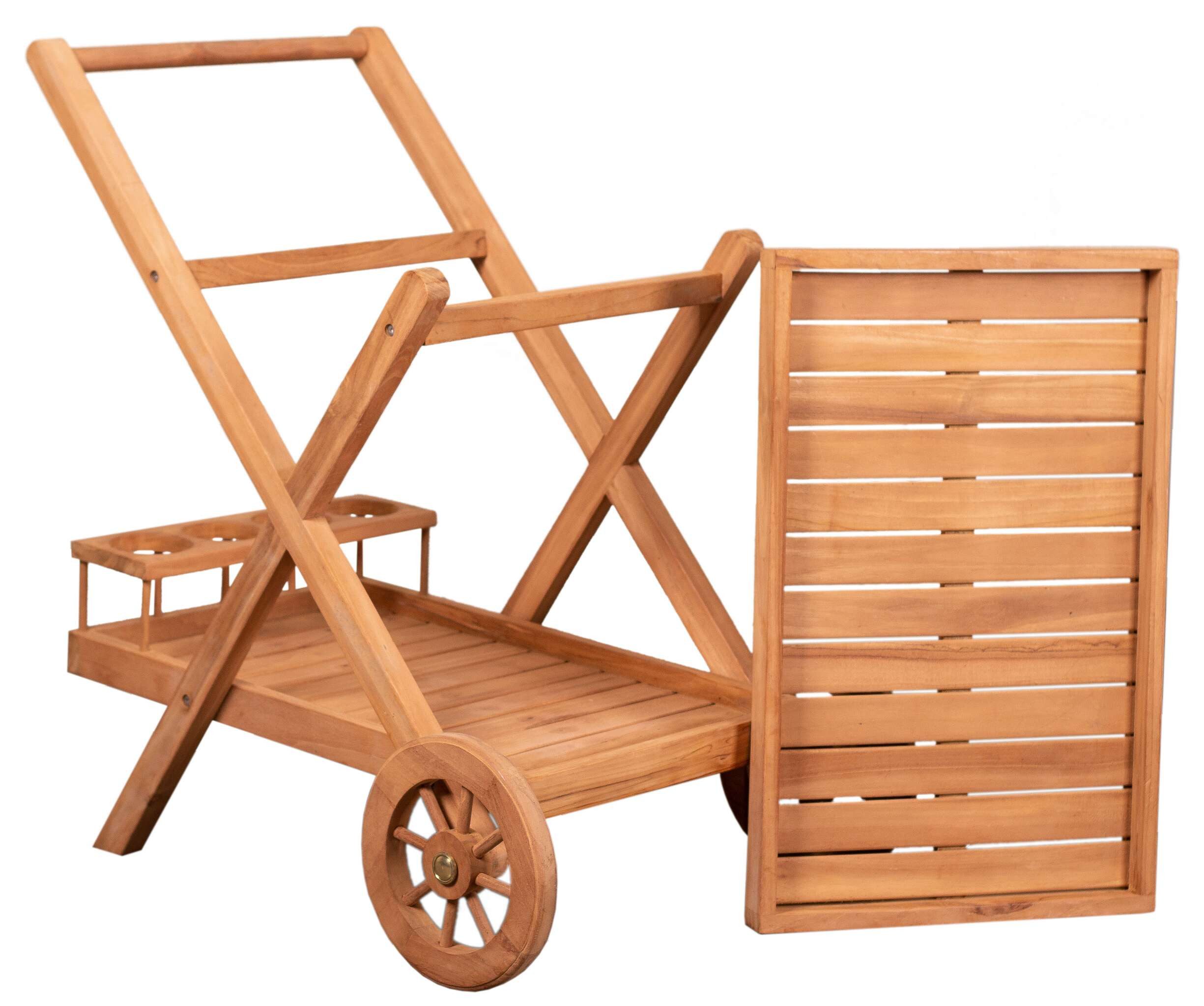 MR.DEKO Servierwagen Teak Chester – Outdoor Beistelltisch mit Rollen, massiv, (Teakholz-Servierwagen für Garten, Terrasse & Balkon, 1 St), Tee- und Getränkewagen, Flaschenhalter, wetterfest & mobil