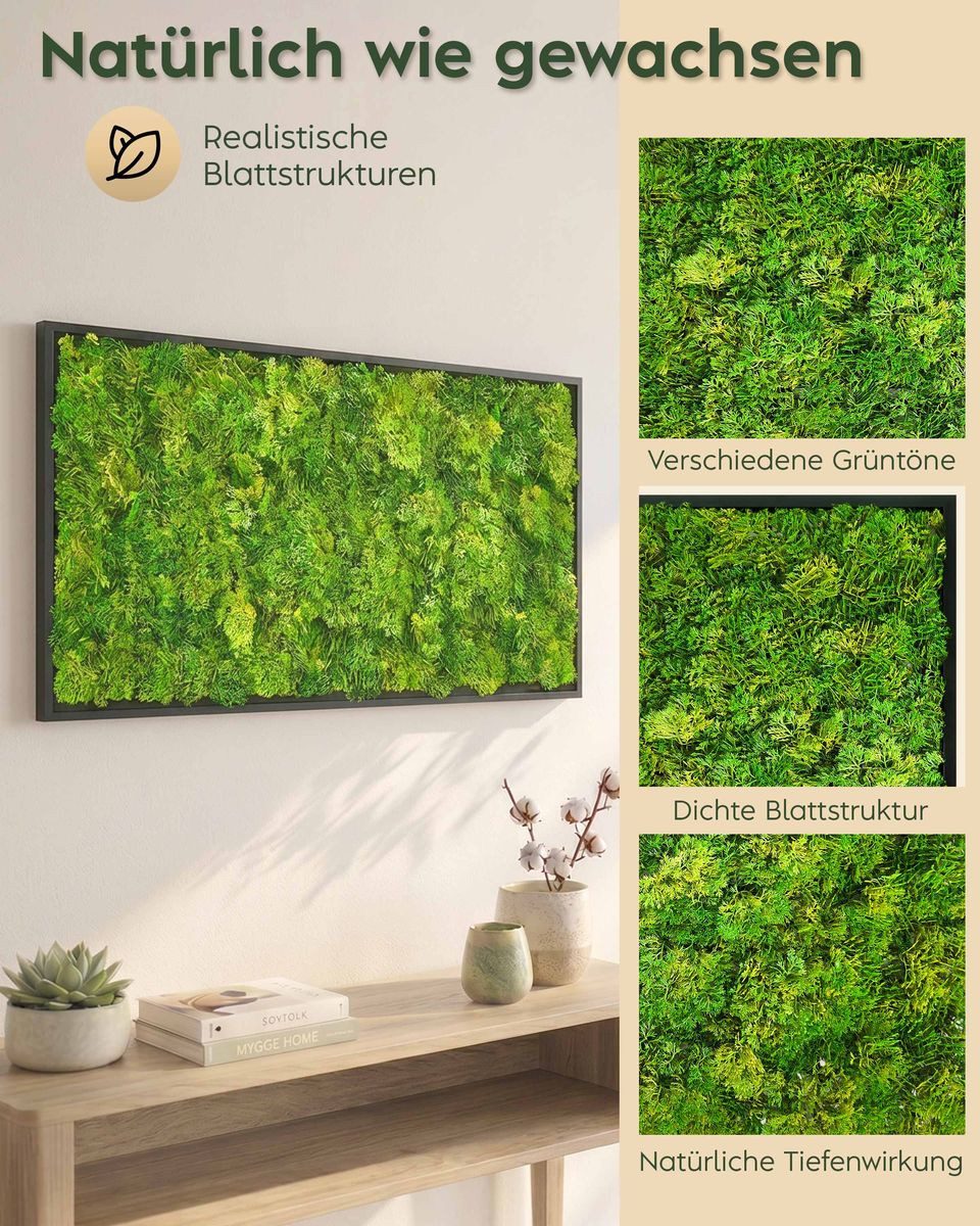 Kunstpflanze Künstliche Pflanzenwand Indoor & Outdoor, Blumenwand mit Rahmen Moos, JELLE & JACOB, Höhe 100 cm, pflegeleicht & langlebig im Kunststoff-Rahmen Schwarz
