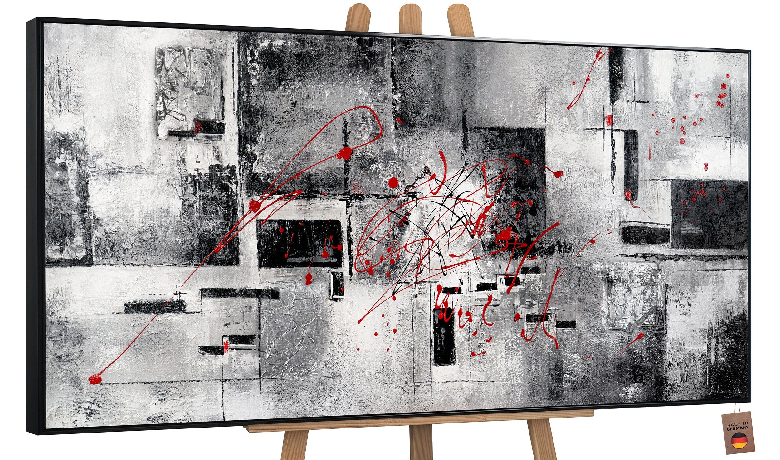 YS-Art Gemälde Courage, Abstrakt, Abstraktes auf Leinwand Bild Handgemalt Schwarz Weiß Rot Mit Rahmen in Schwarz