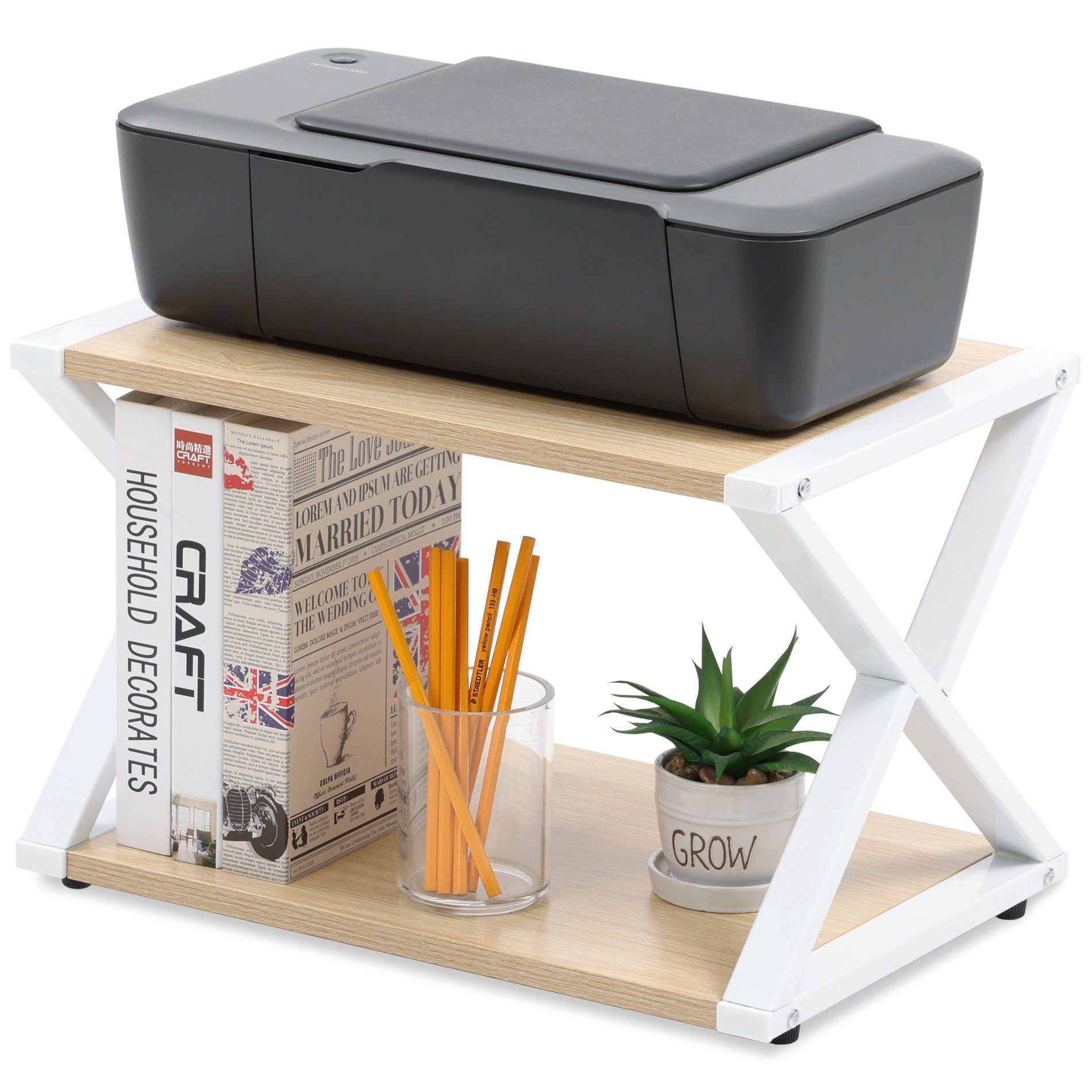 FITUEYES Druckertisch, Druckerständer Druckerhalter Holz 2 Schichten X Structure Schreibtisch Organizer für Büro und Zuhause 45.5x30.3x29.7cm