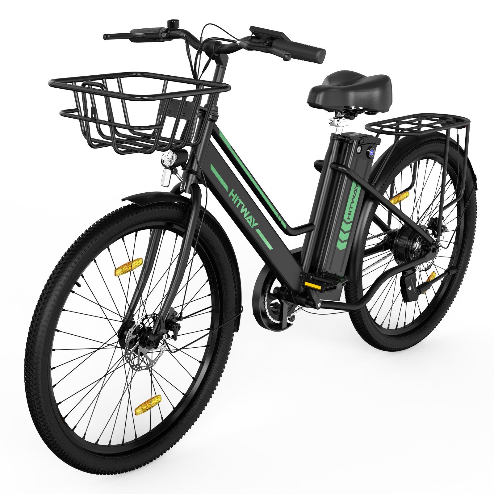 HITWAY E-Bike Damen Zoll Batterieladegerät/ 26 schwarz-Fahrradkorb 8.4AH 25km/h,35-70KM, Herren 36V E-Fahrrad für Pumpe/Fahrradschloss Heckmotor