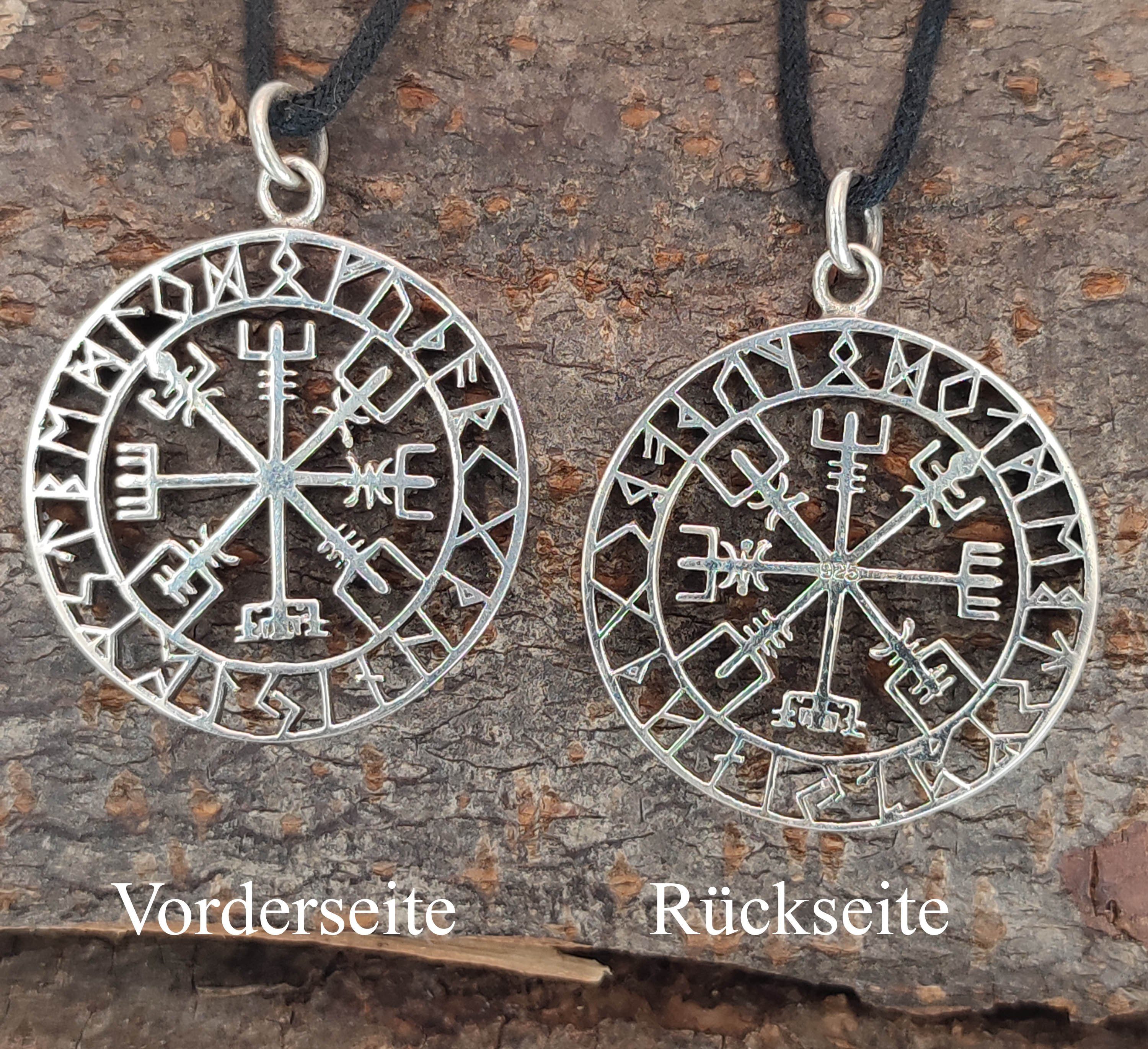 Kiss of Leather Kettenanhänger Wikingerkompass Anhänger Silber Wikinger Kompass Vegvisir Runen Weg