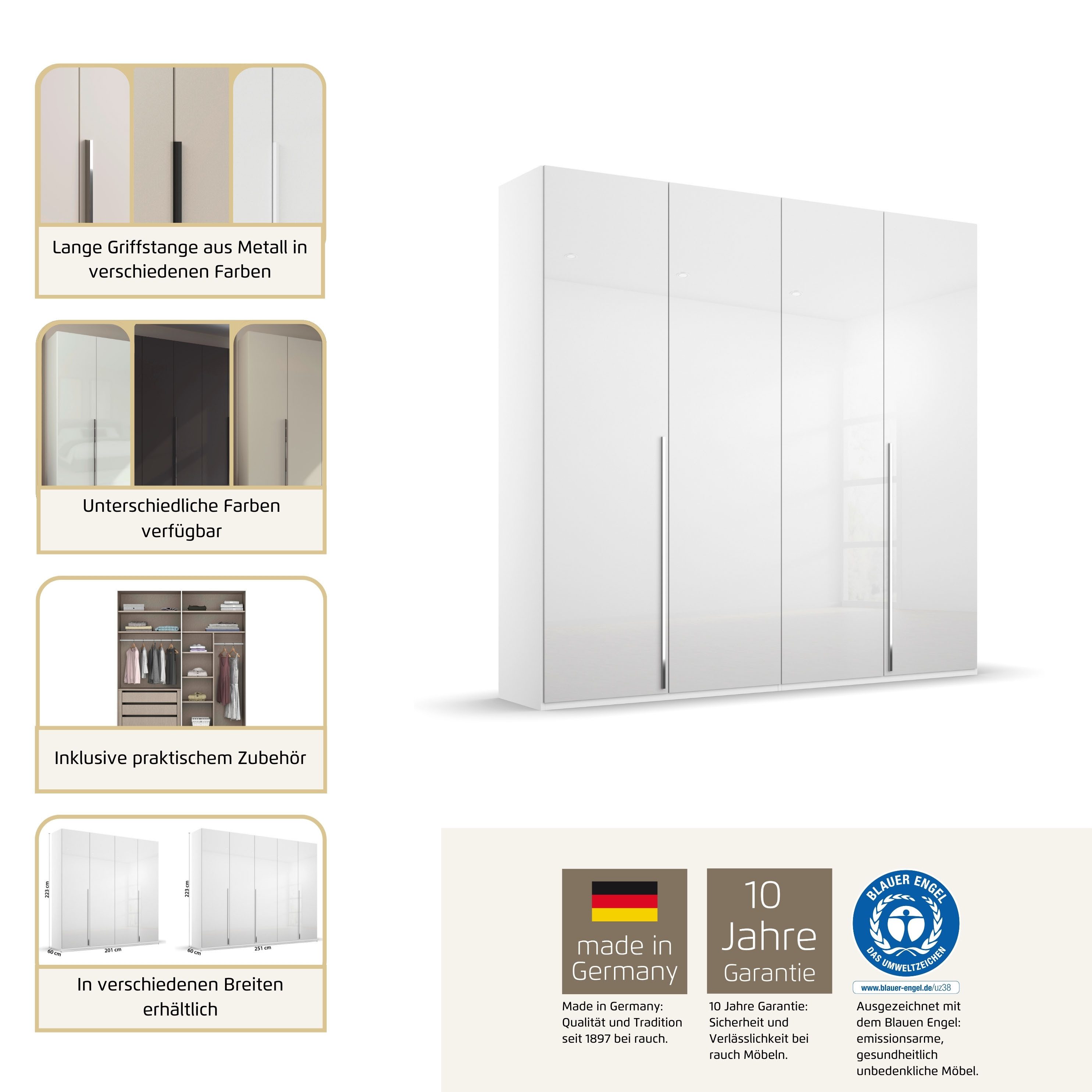 rauch Drehtürenschrank Kleiderschrank Schrank Garderobe Wäscheschrank BESTSELLER MONTCLAR (3 Ausstattungen BASIC/CLASSIC/PREMIUM (SOFT-CLOSE), Breiten 201-400 cm) Front in Glas/Hochglanz/Dekor/Grauspiegel in 5 Breiten MADE IN GERMANY