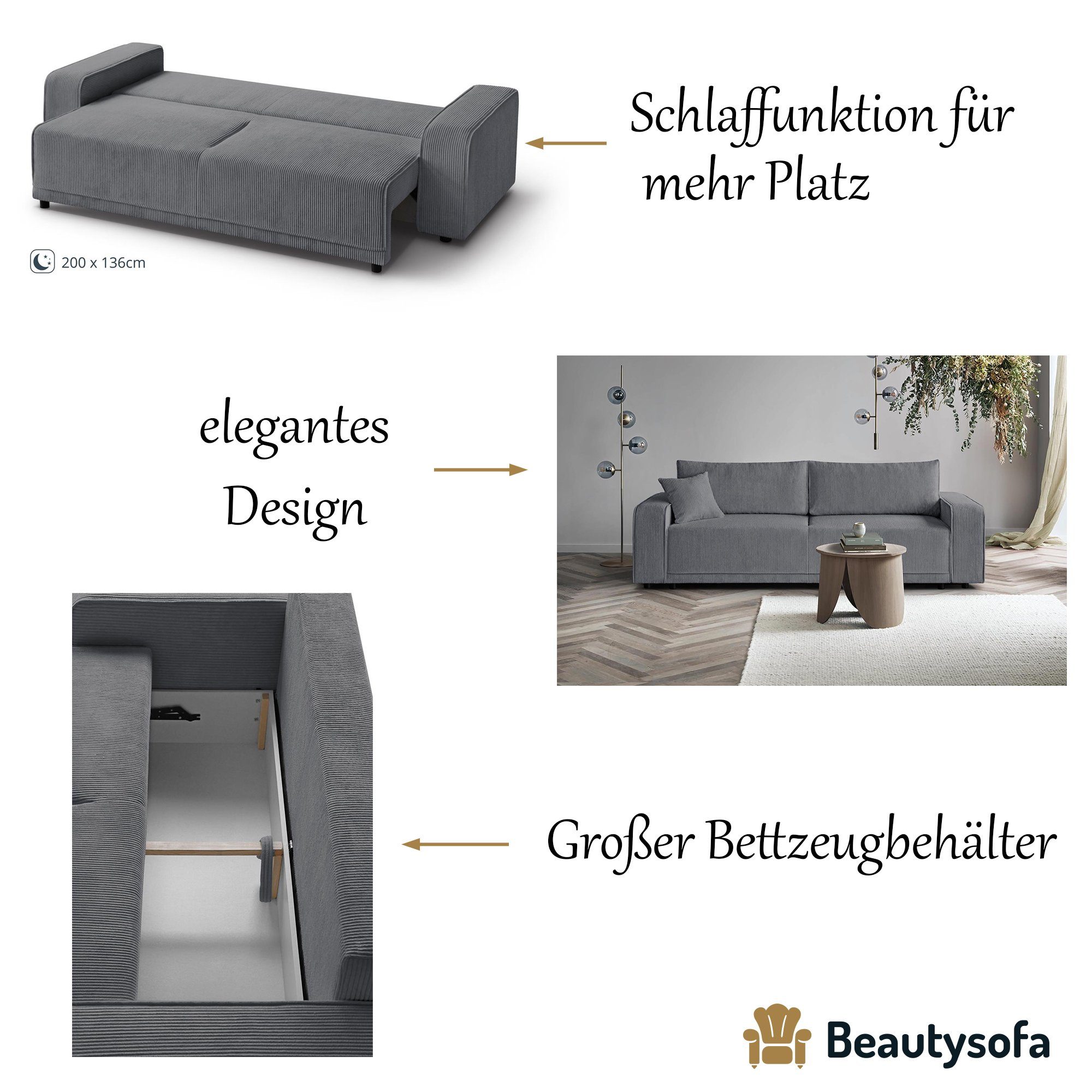 Beautysofa Schlafsofa PRIMO, modernes Design breite 60) Wellenfedern, (poso Sofa, Schlaffunktion, Armlehnen Grau Bettkasten