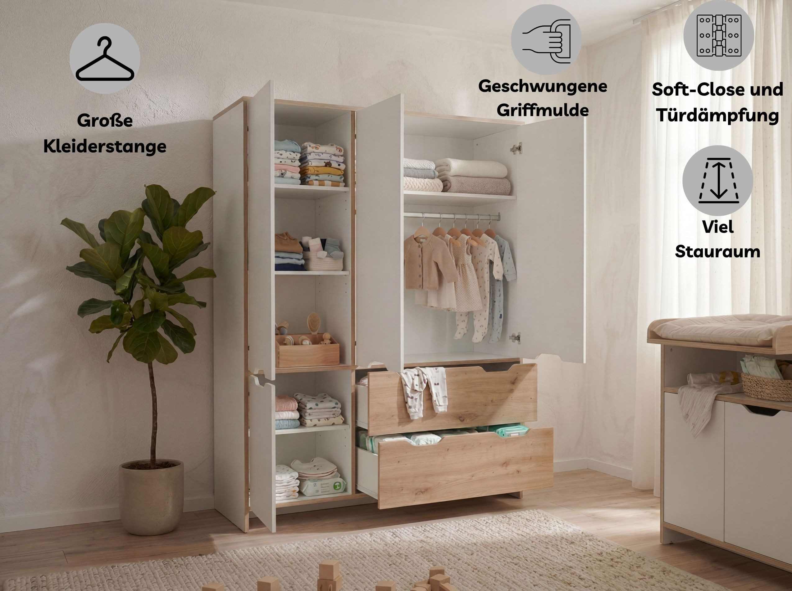 arthur berndt Babyzimmer-Komplettset Maxim, (Set, 7-tlg., Bett, Schrank, Wickelkommode, Bettkasten, Regale, Umbauseiten), komplett Babyzimmer