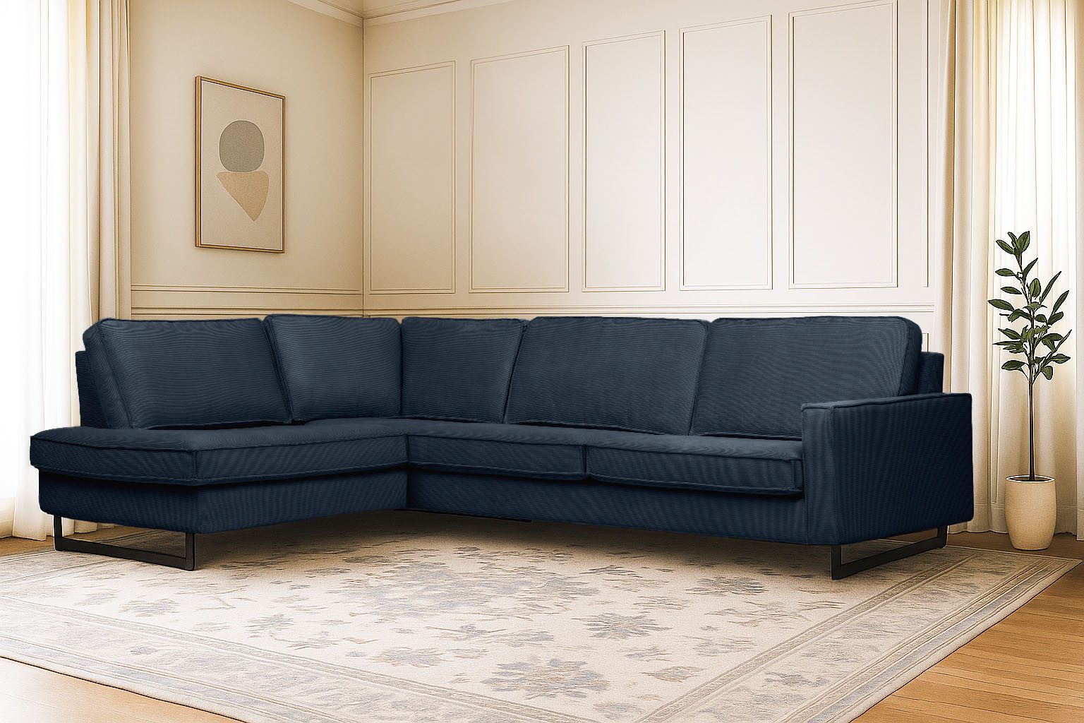 Home affaire Ecksofa Pinto, 290 cm, Cord, Chenille, Lederoptik, Ottomane links / rechts, mit Keder, schwarze Metallfüße, Wellenunterfederung