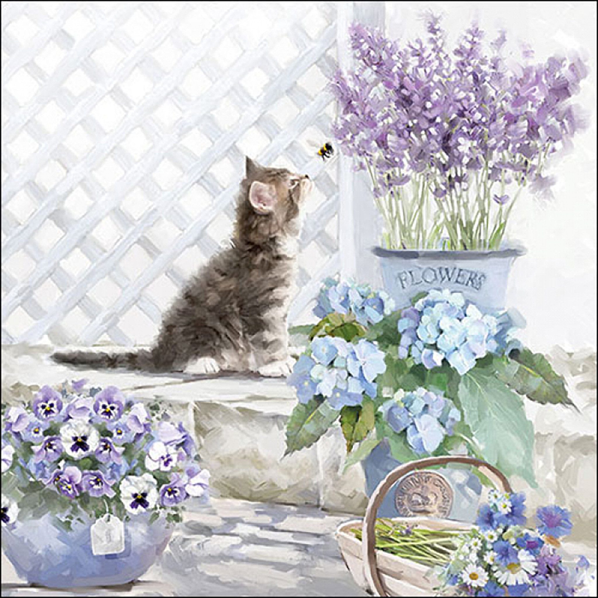 Ambiente Luxury Paper Products Papierserviette, Servietten Papier 33x33cm 3-lagig mit Katze & Blumen Motiv 20 Stück