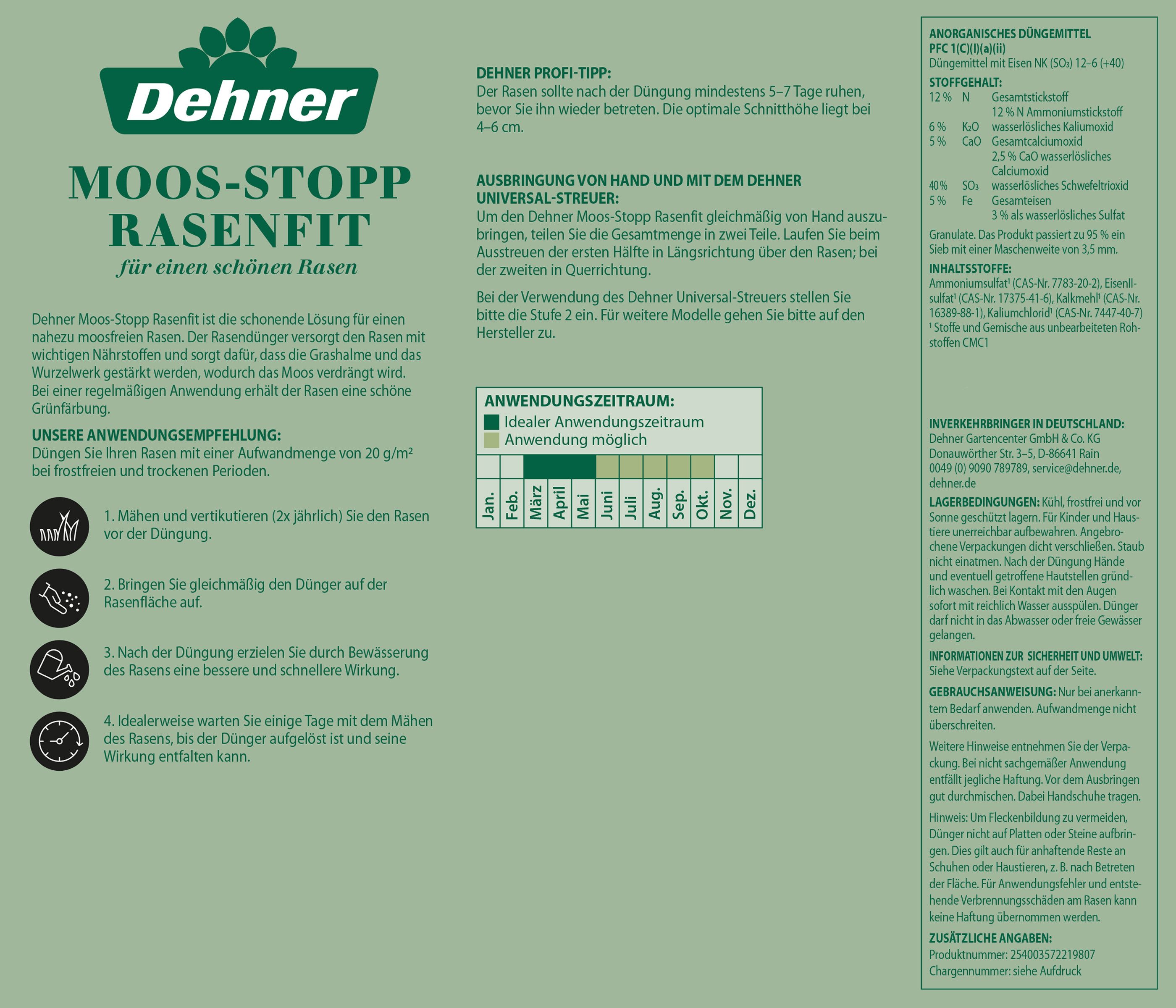 Dehner Rasendünger Rasenfit, für einen widerstandsfähigen Rasen, 5 kg für ca 250 m², hochwertiger Rasendünger mit hohem Eisengehalt / Moosentferner