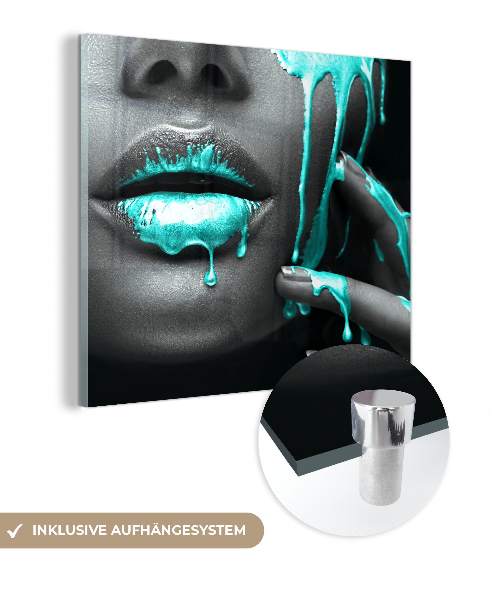 MuchoWow Acrylglasbild Lippen - Blau - Schwarz, (1 St), Glasbilder - Bilder auf Glas Wandbild - Foto auf Glas - Wanddekoration