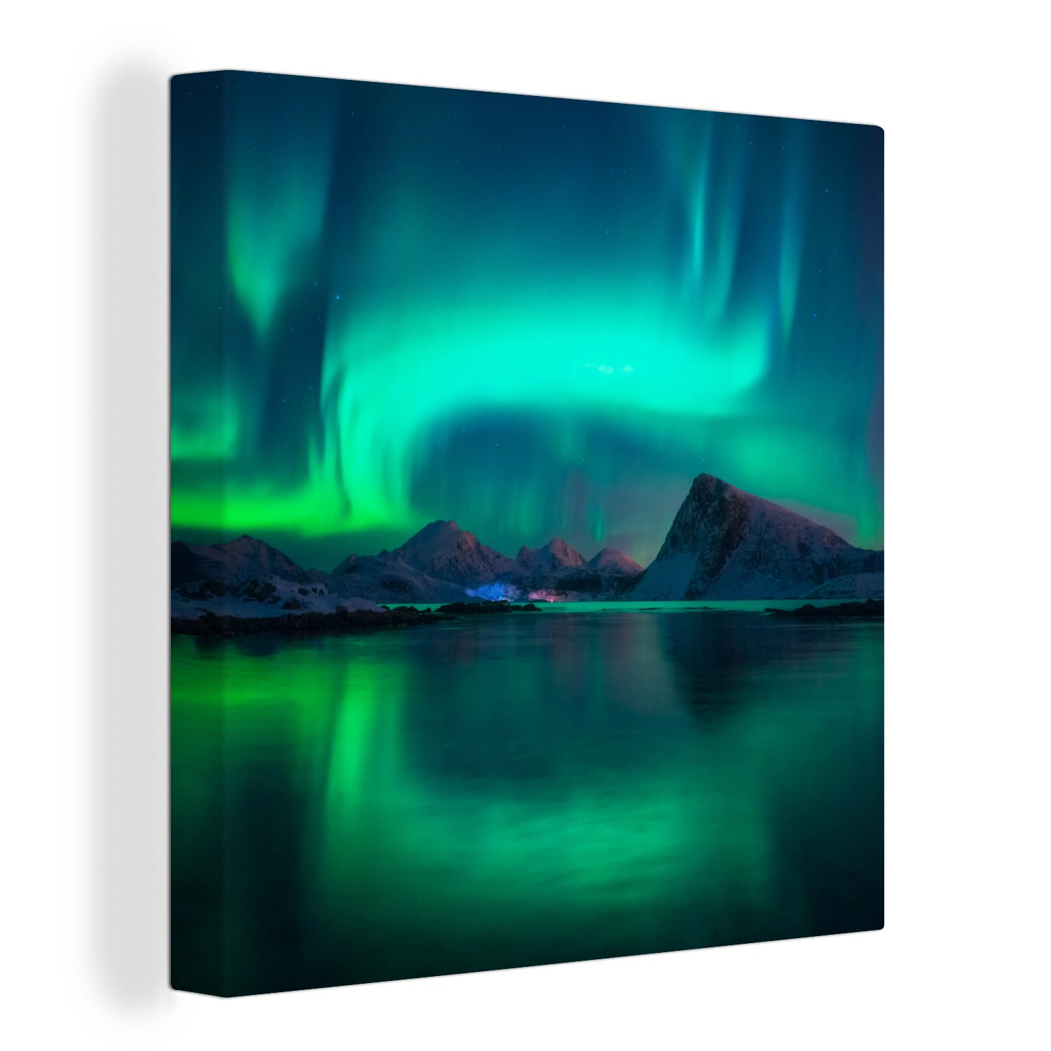 OneMillionCanvasses® Leinwandbild Nordlichter - Berge - Norwegen, (1 St), Leinwand Bilder für Wohnzimmer Schlafzimmer bunt