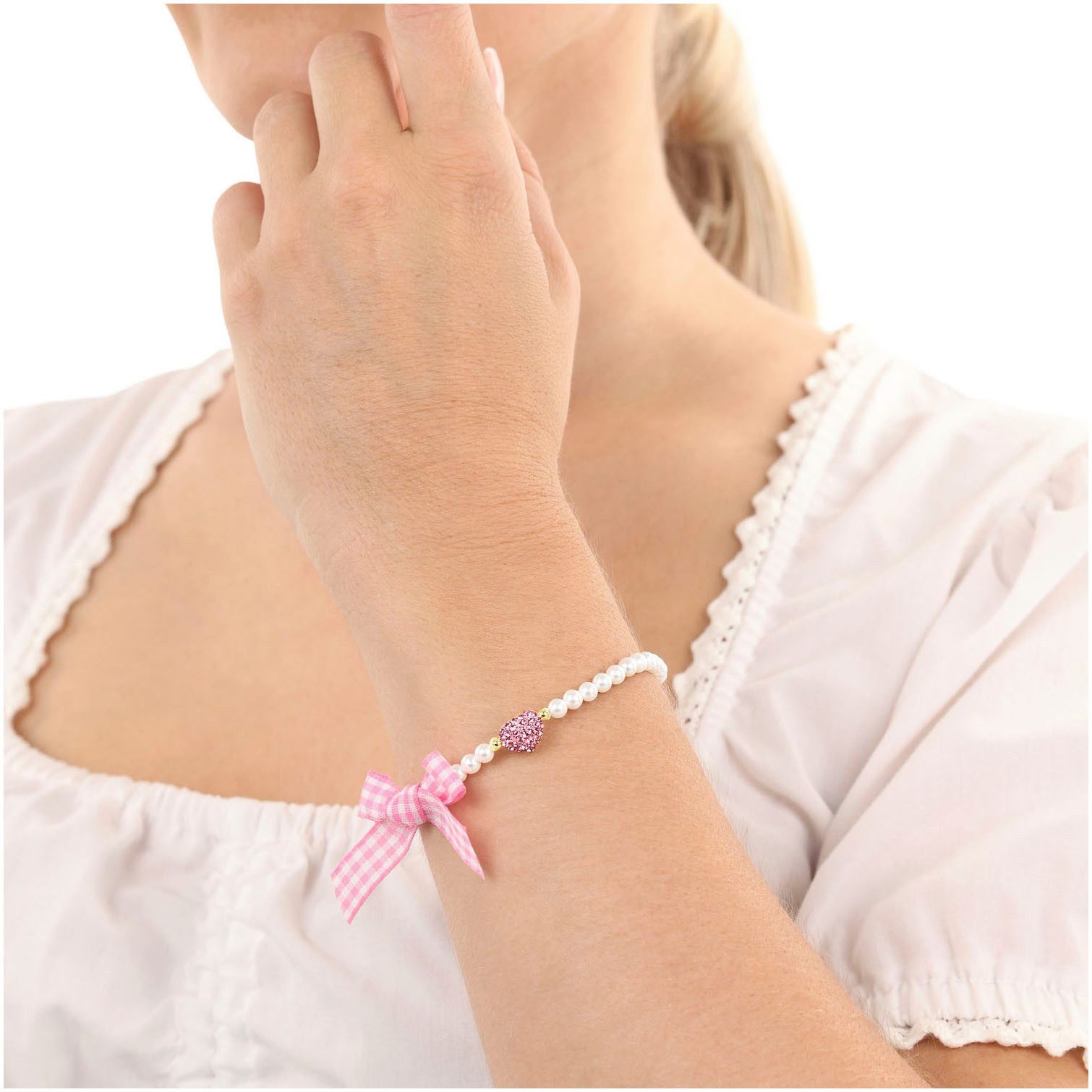 Amor Armband Herz/Schleife, Trachtenschmuck, Volksfest, mit Kristallglas - mit Muschelkernperle