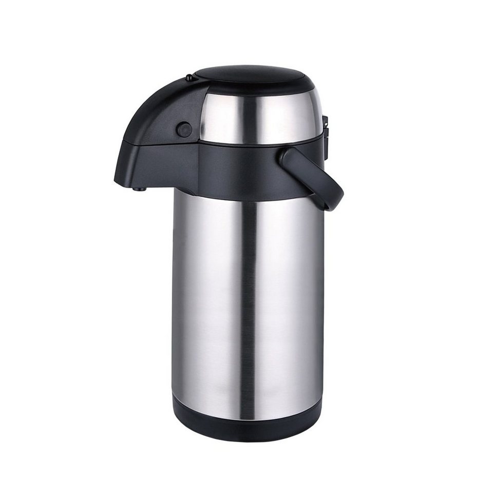 Michelino Pump-Isolierkanne Isolierkanne Pumpkanne 3 Liter, 3 l, (Stück),  gummierter Boden - Tragegriff - Deckel mit Pumpfunktion - Farbe: schwarz,  silber