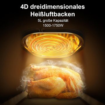 Bear Heißluftfritteuse 5L Visuelle Luft Bratpfanne, 7 Programme,Ölfreies, 1500,00 W, Intelligentes Bedienkonzept,geselliges Kochen 4-6Personen Glasscheiben