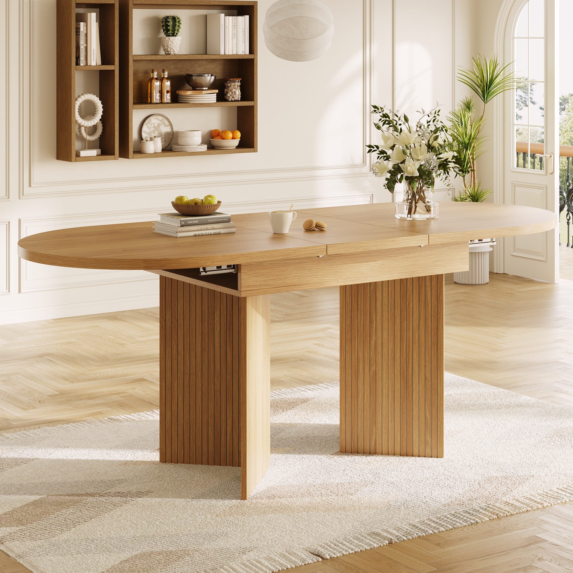 Flieks Esstisch (Länge 120-160/T80/H75 cm, 1-St., 1 Tisch), ausziehbarer Küchentisch ovaler Schreibtisch Holzoptik, Natur