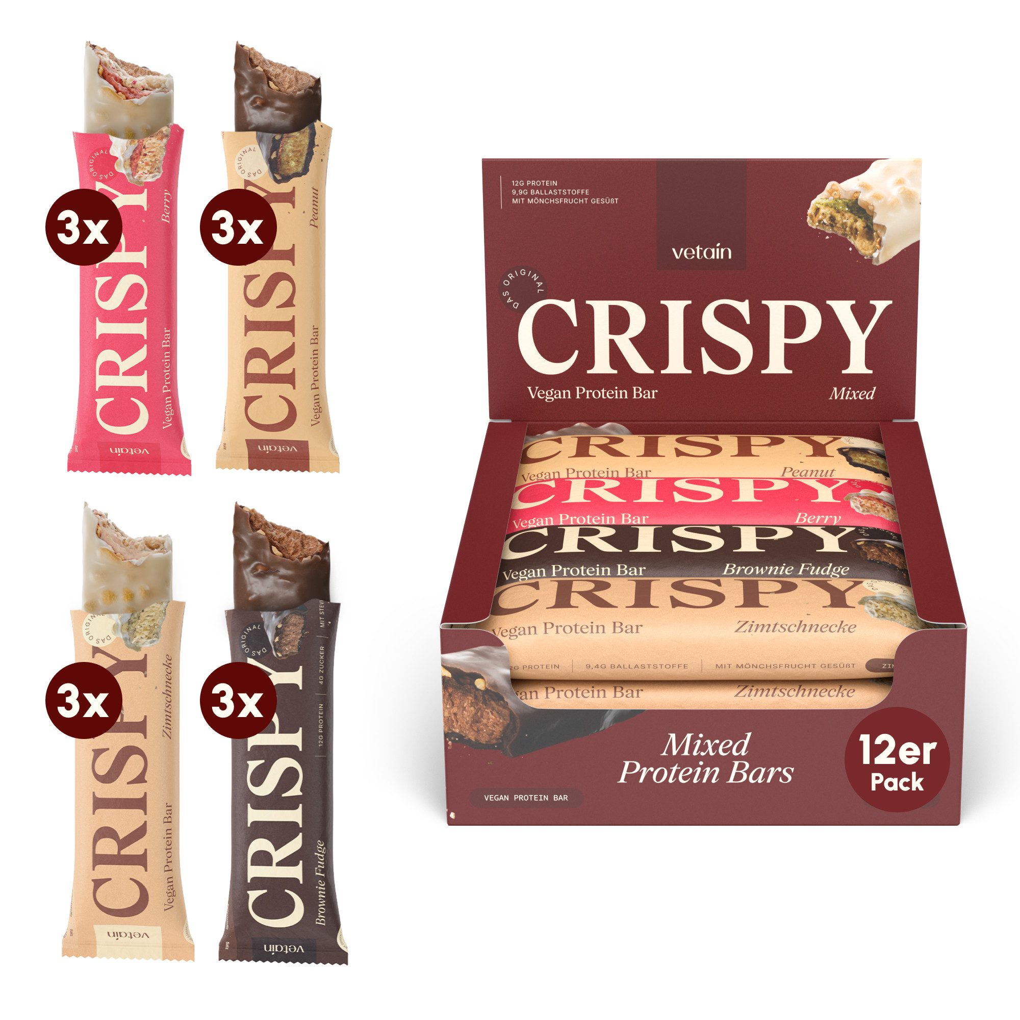 VETAIN Vegan Protein Riegel - 12g Protein pro Riegel, 12 er - frei von Sucralose & Maltit à 55 g, 100% cleane Zutaten, frei von Sucralose & Maltit