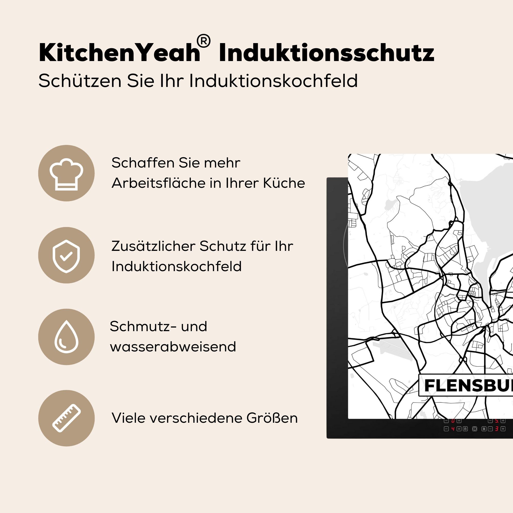 - für Herdblende-/Abdeckplatte Stadtplan, tlg), (1 Karte Ceranfeldabdeckung, - Flensburg MuchoWow Vinyl, küche Arbeitsplatte 78x78 cm,
