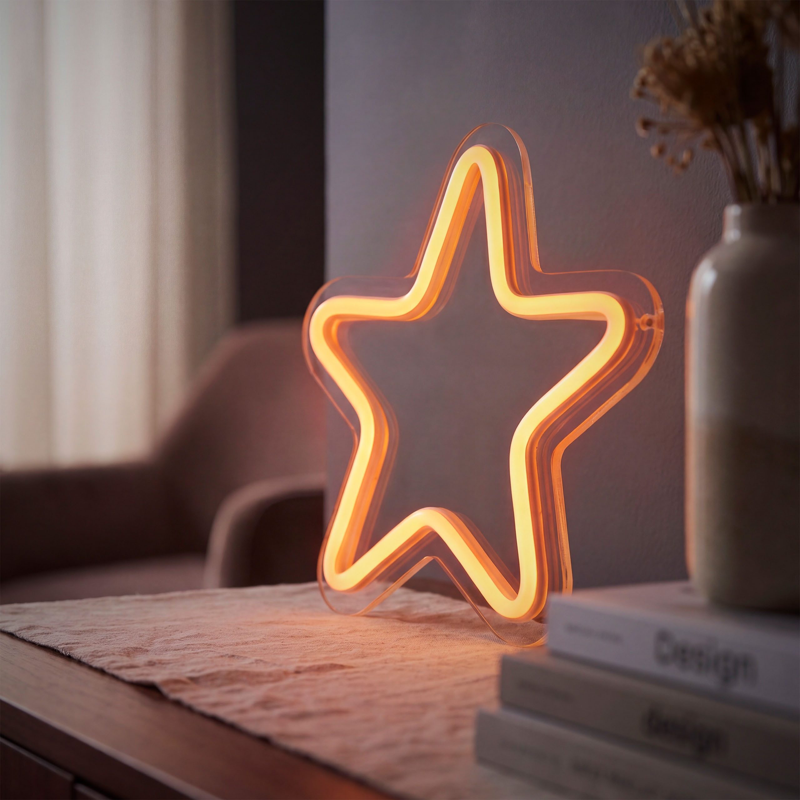 OTTO home LED Stern LED Neon Stern QUELLIN, Ø 20 cm, Timerfunktion, LED fest integriert, Warmweiß, Timer, IP44, Batteriebetrieb, 50 cm Anschlusskabel