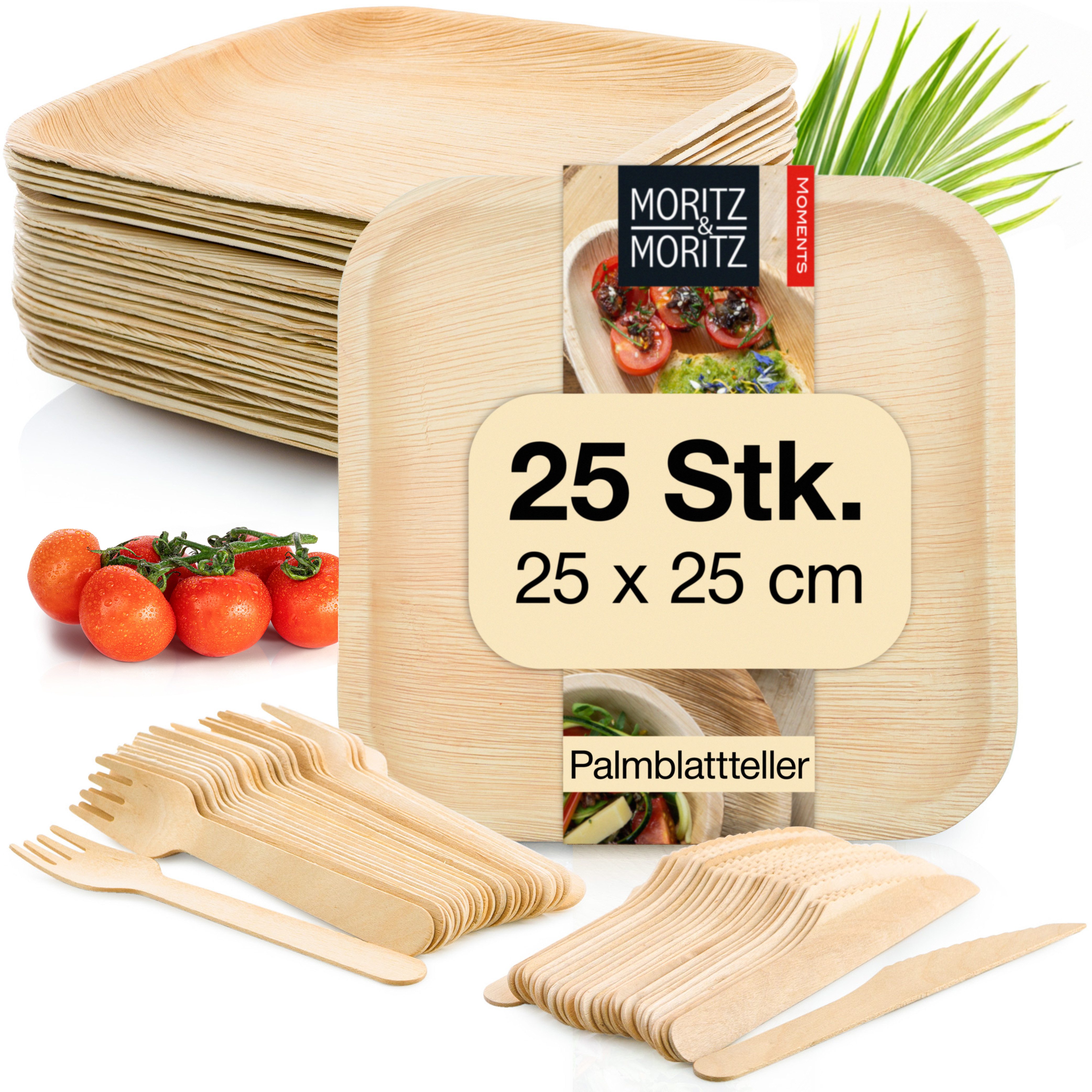 Moritz & Moritz Einweggeschirr-Set 75tlg Palmblatt Geschirr Eckig 25x25cm (75-tlg), 25 Personen, Palmblatt, Birkenholz, Nachhaltiges Einweggeschirr - 25 Teller Einweg - 25 Holzbesteck Einweg