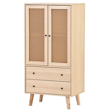 Merax Highboard mit 2 Türen mit Rattan-Geflecht und 2 Schubladen, Sideboard Holz, Kommode, B/H/T:60/120/40cm