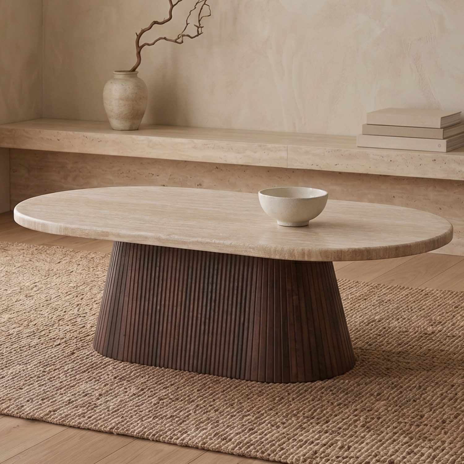 alesvelt Couchtisch Dervio Travertin Tisch mit edlem Tischbein im Säulenstil 130cm (1-Tisch), 130x70x45cm