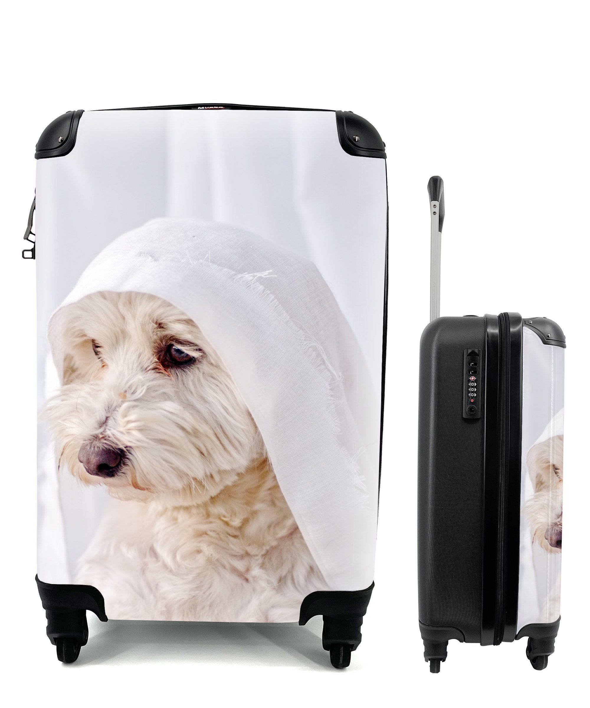 MuchoWow Handgepäckkoffer Ein weißer Malteserhund schaut aus dem Fenster, 4 Rollen, Reisetasche mit rollen, Handgepäck für Ferien, Trolley, Reisekoffer
