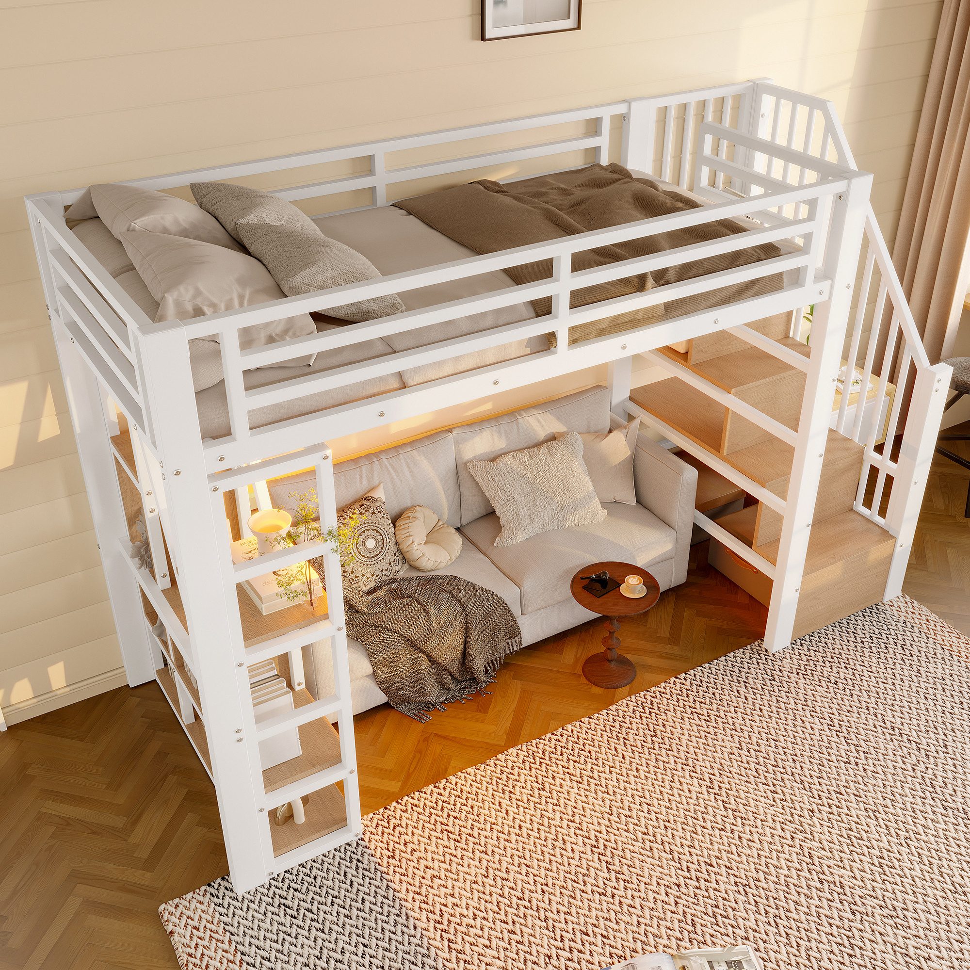 Flieks Hochbett Metallbett 90x200cm mit LED-Leiste, Regale, Treppe und Schutzgitter – Bild 4 von 5