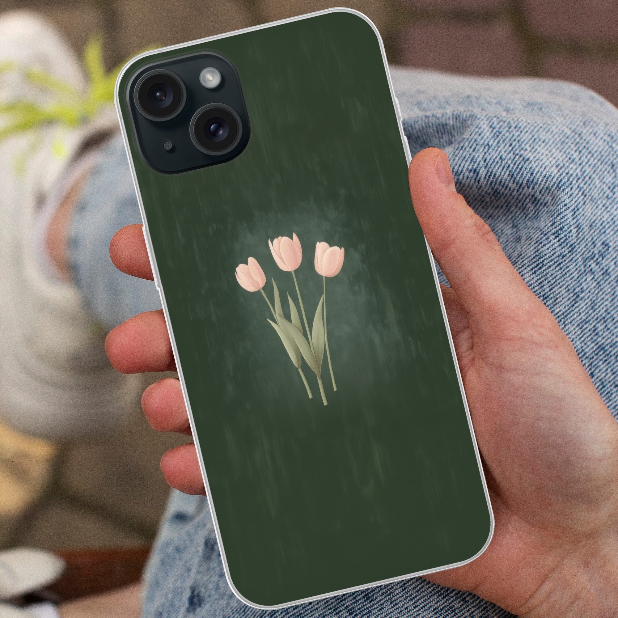 MuchoWow Handyhülle für Apple iPhone 15 Plus Tulpen - Liebe - Dunkelgrün, Smartphone-Bumper, Print, Handy Schutzhülle Dünn