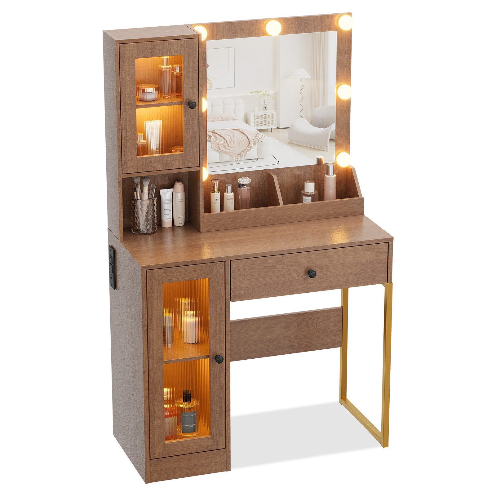 GarveeMore Schminktisch mit kratzfestem Spiegel, 3-farbiges LED Licht & stufenlose Dimmung (Weiß/Braun), 1 Schublade & 2 Schränke mit Glastüren & 3 offene Fächer