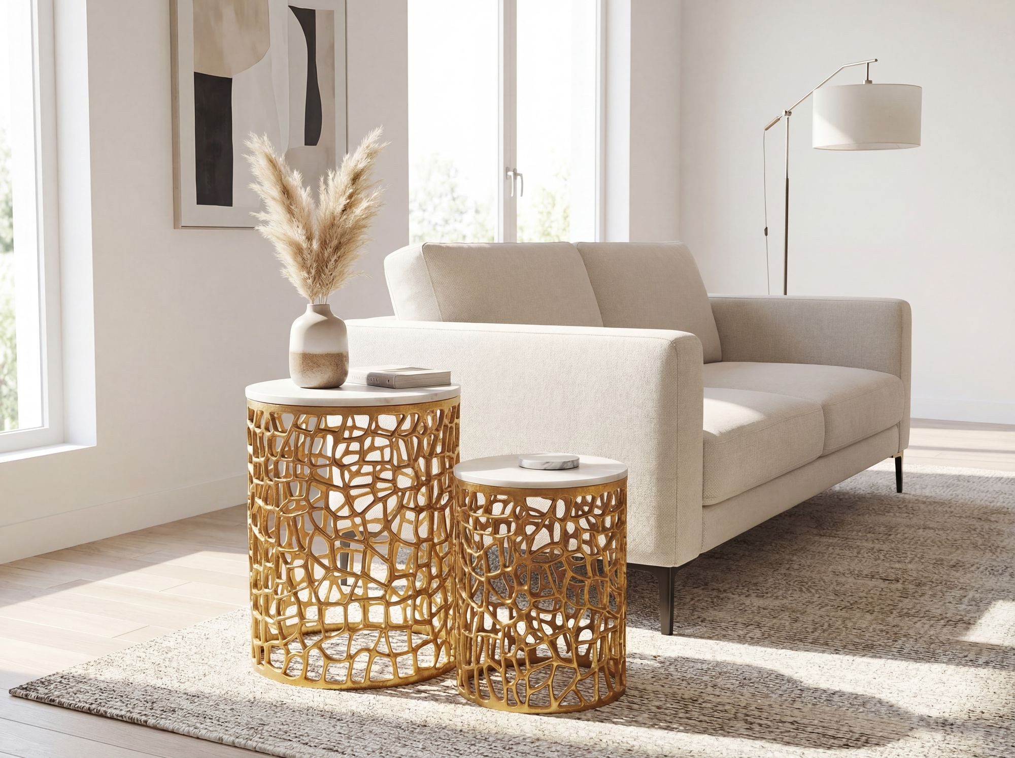 FINEBUY Satztisch FB117900 2er Set Couchtisch Gold Wohnzimmertisch Beistelltisch Marmor (Elegante Wohnzimmertische im schicken Zweierset), Weißer Naturstein kombiniert mit Metallgitter