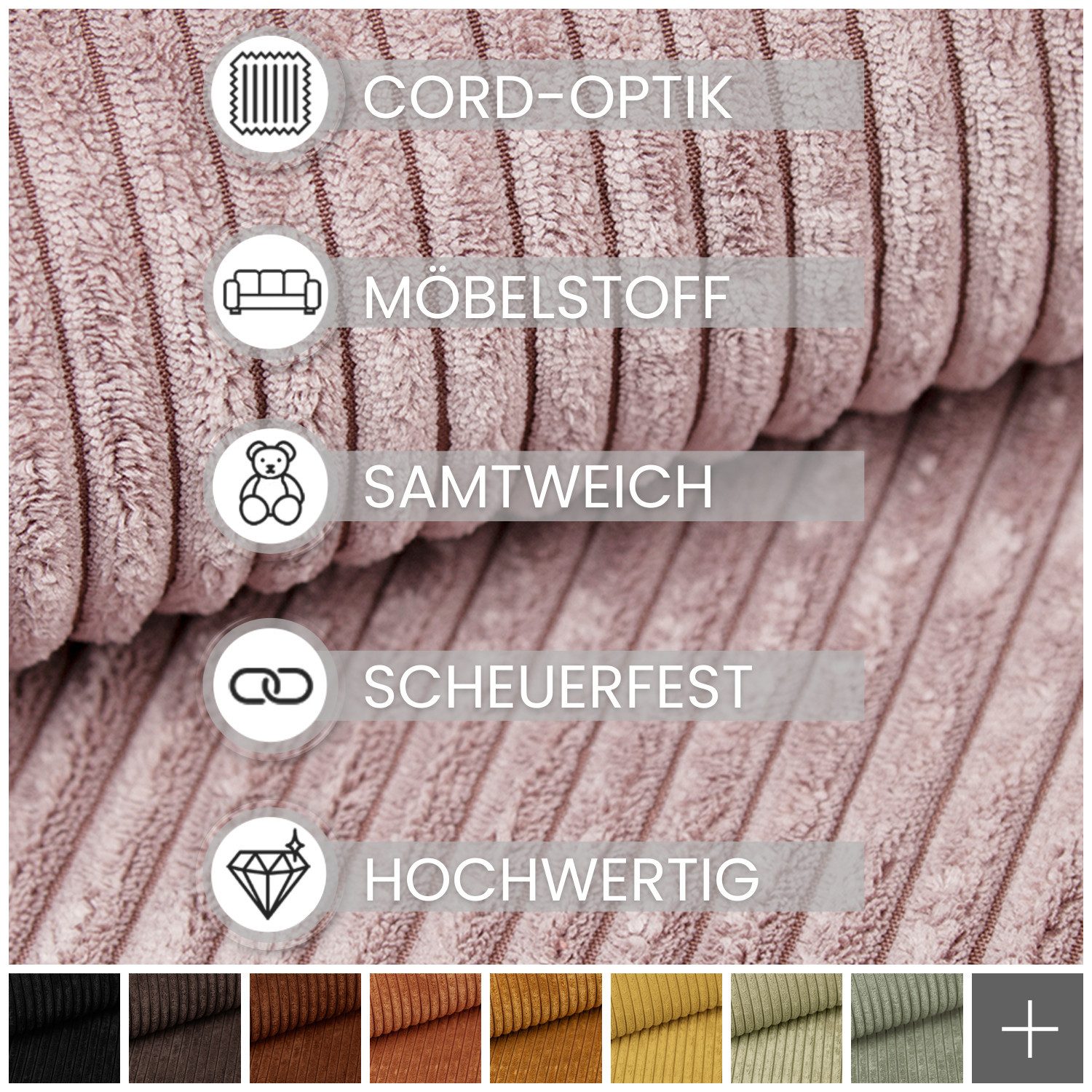 novely® Stoff PORTO - Polsterstoff in Breitcord-Optik - Ultraweicher Möbelstoff, Samtige Haptik, Reißfest, Fusselfrei, Robust, Meterware, 1lfm