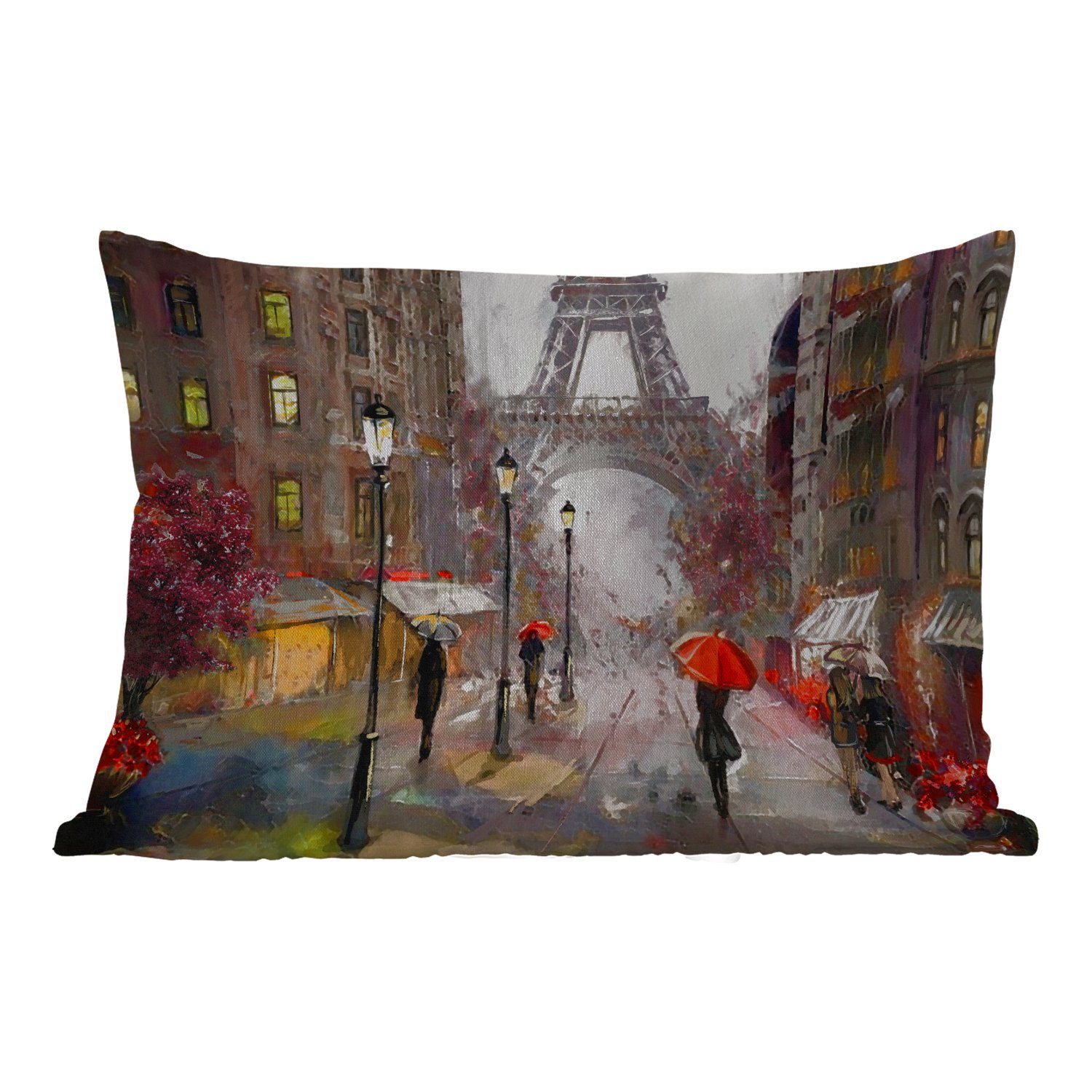 MuchoWow Dekokissen Gemälde - Paris - Eiffelturm - Regenschirm - Ölgemälde, Outdoor-Dekorationskissen, Polyester, Dekokissenbezug, Kissenhülle