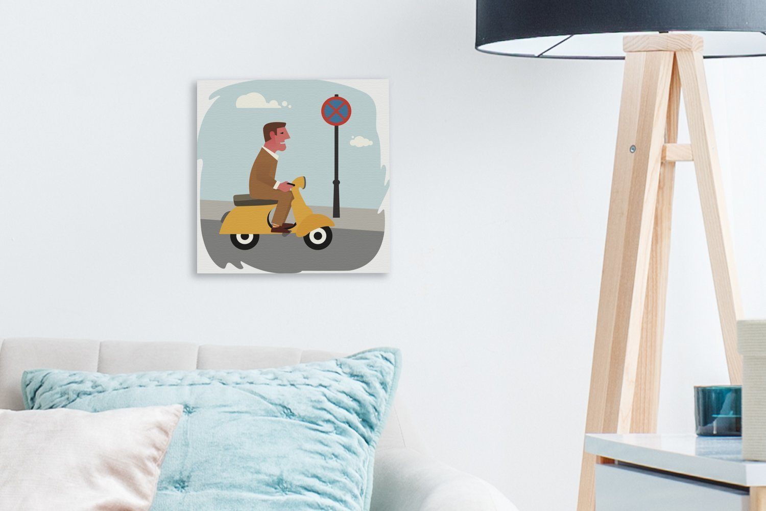 OneMillionCanvasses® Illustration Mannes für Leinwand einer Bilder St), Wohnzimmer auf Schlafzimmer eines Leinwandbild Vespa, (1