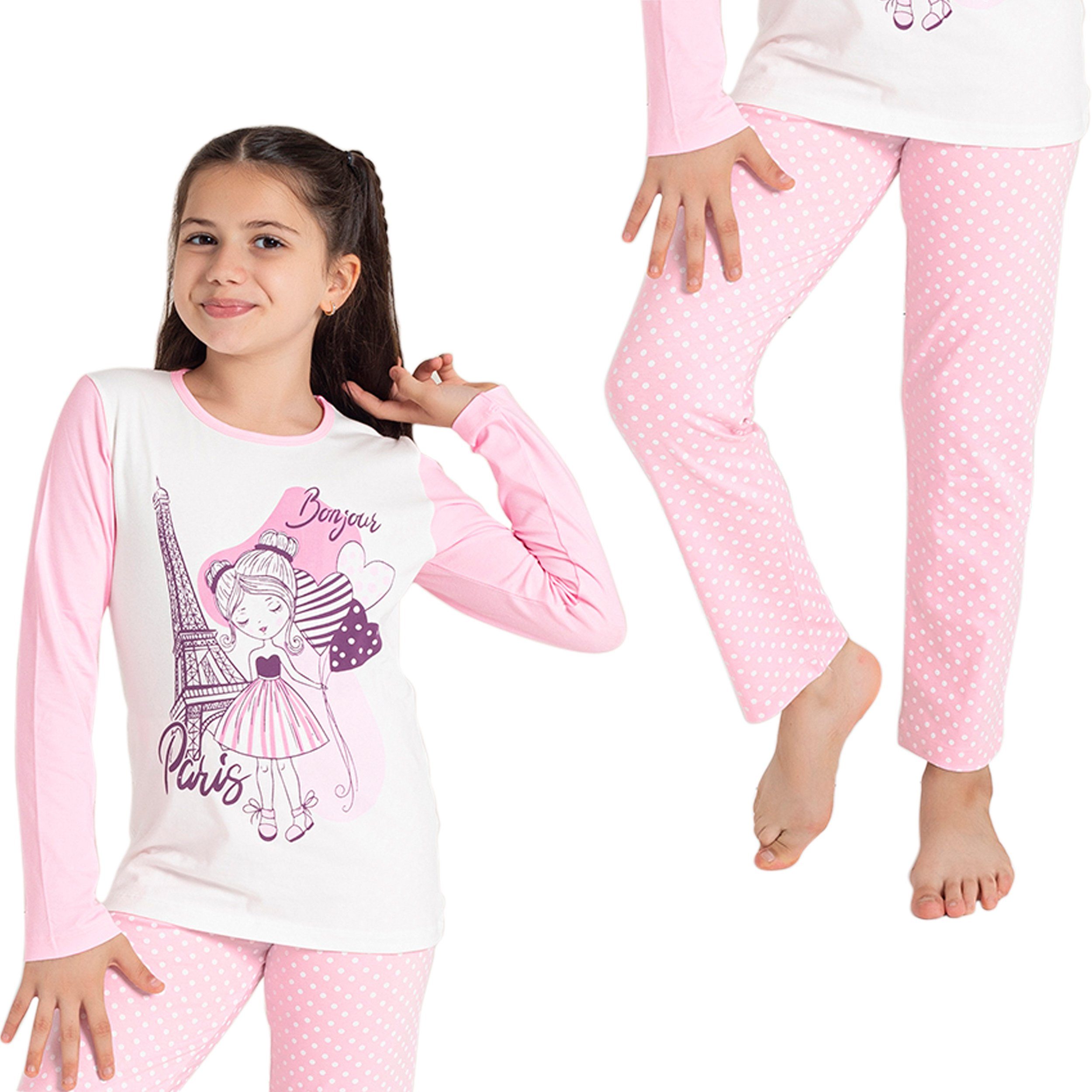 LOREZA Pyjama Mädchen Schlafanzug zweiteilig Set Langarm - Paris (Set, 2 tlg)