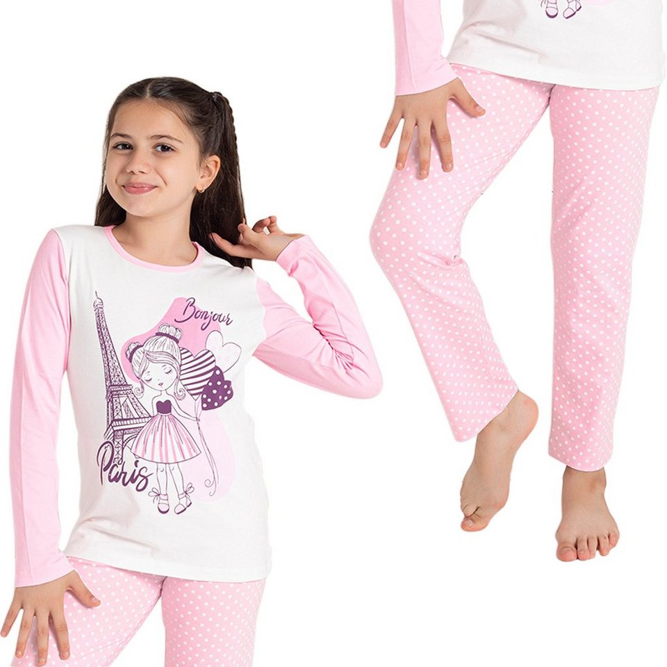 LOREZA Pyjama Mädchen zweiteiliger Schlafanzug Langarm Baumwolle - Paris ( Set, 2 tlg)