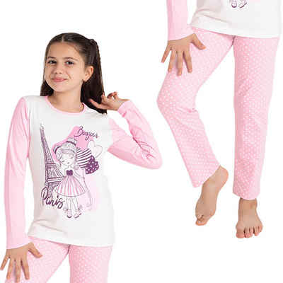 LOREZA Pyjama Mädchen zweiteiliger Schlafanzug Langarm Baumwolle - Paris (Set, 2 tlg)