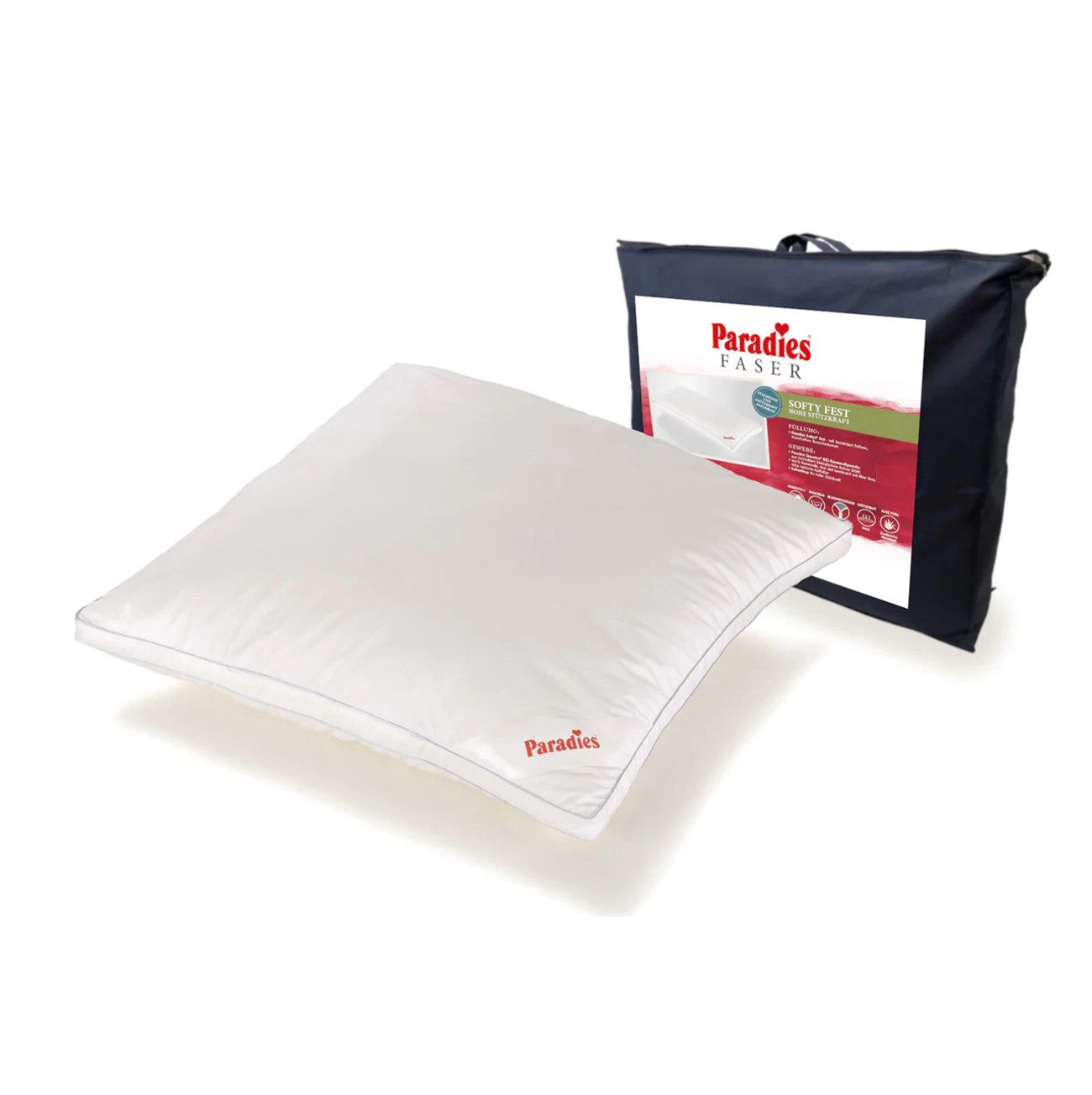 Paradies Kunstfaserkopfkissen Paradies Softy fest Kopfkissen Kissen Faserkissen 80x80 60°, Füllung: Paradies Fill Fasertechnologie für dauerhaft bauschiges Volumen, 100% Polyester, Bezug: 100% Baumwolle, veredelt mit Aloe Vera, Seitenschläfer, Bauchschläfer, Rückenschläfer, Deutsche Herstellung