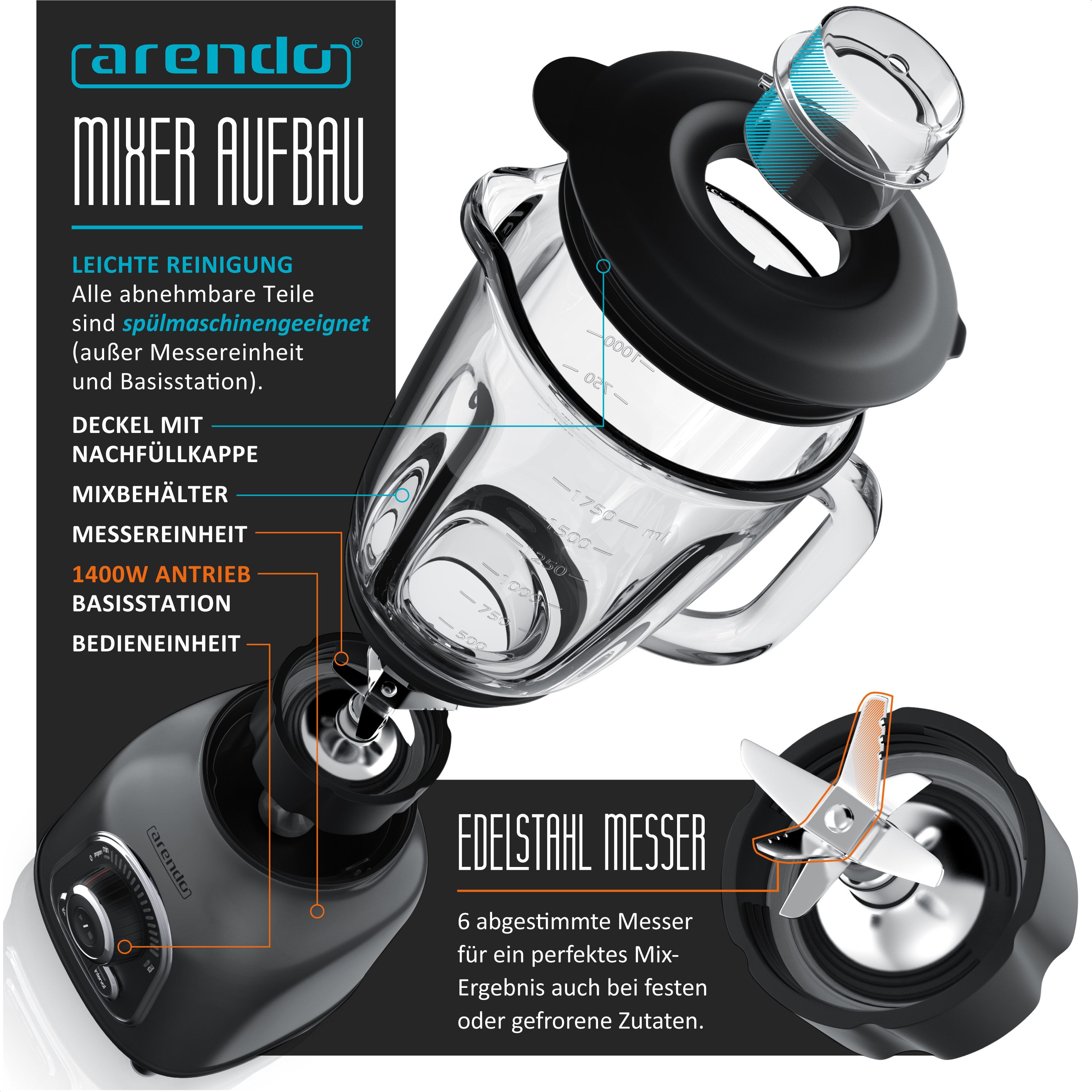 Arendo Standmixer Edelstahl Power Mixer, Hochleistungsmixer, 1,75l Glasbehälter, Blender, 1400 W, Edelstahlmesser, 10 Leistungsstufen, Impulsfunktion Hochleistungsmixer