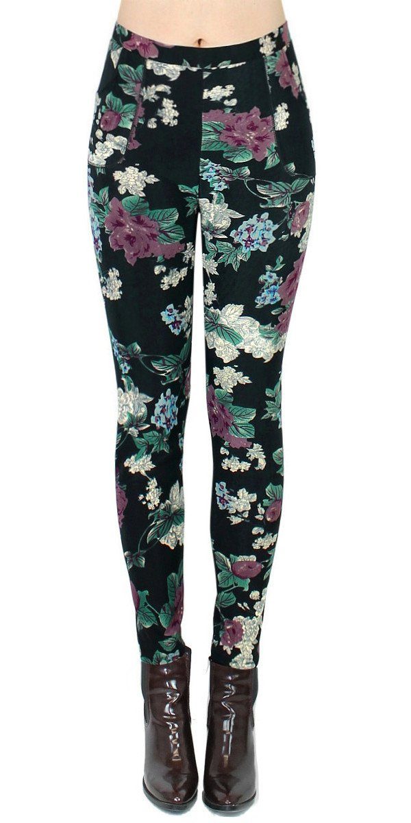 elastischem Thermohose Thermohose Waist, Innenfutter mit Gefütterte dy_mode Leggings Middle WL012-PaintedFlowers mit Bund, Gefüttert Damen Thermo