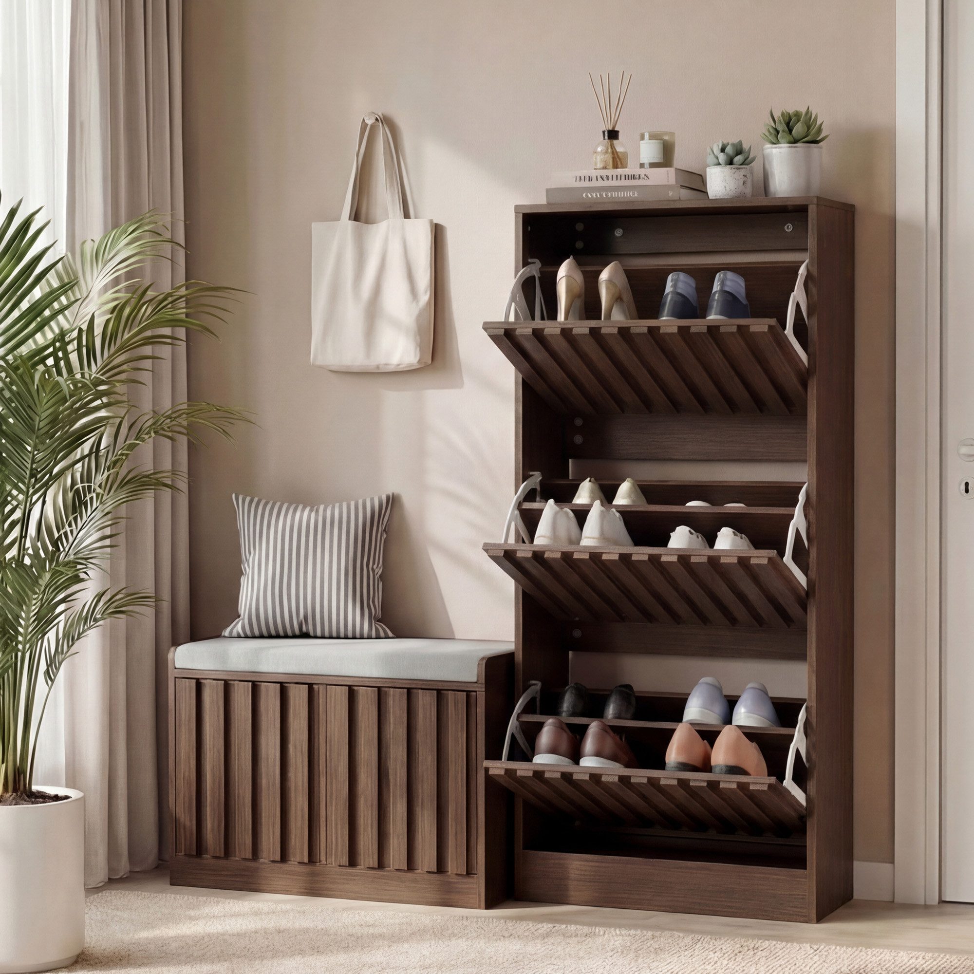 UEV Schuhschrank mit 3 Klappen, Schuhkipper schmal Schuhkommode Verstellbare Trennwände für Verschiedene Schuhtypen 60 * 24 * 122cm