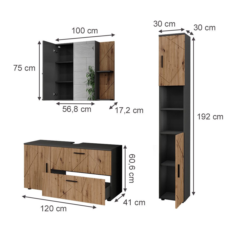 Vicco Badmöbel-Set Irma, Anthrazit/Artisan, 3 Teile, günstig online kaufen