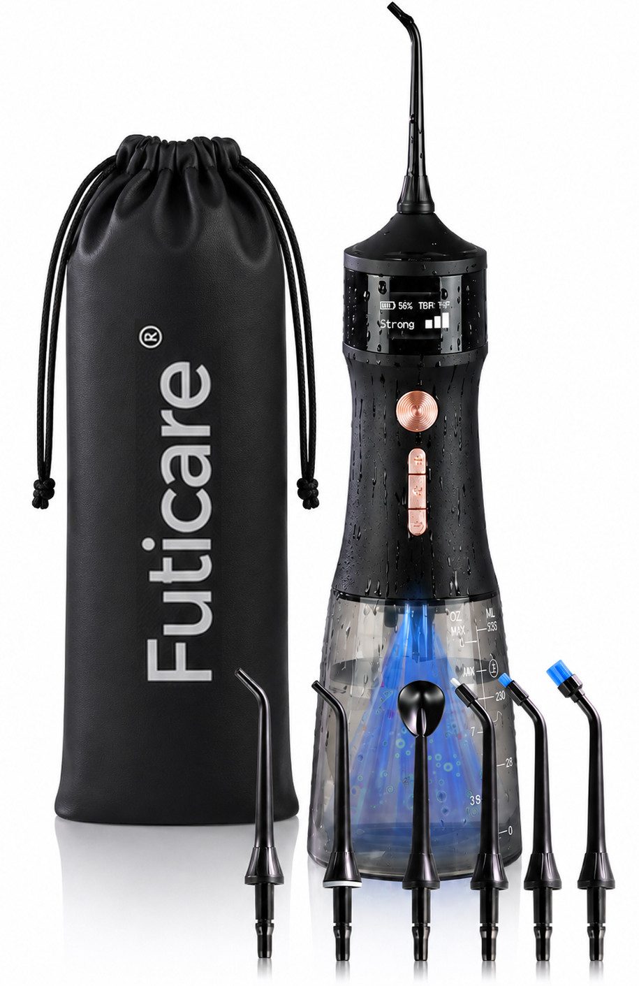 Futicare Munddusche kabellos mit UVC-Selbstreinigung, 4 Modi & 3 Druckstufen, Aufsätze: 6 St., OLED-Anzeige, 335-ml-Wassertank, 6 Aufsätze, USB-C, Schwarz