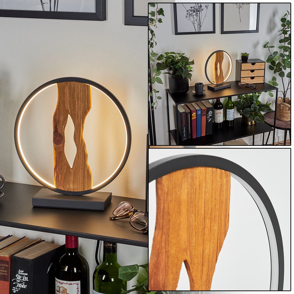 Retro/Vintage Retro/Vintage-Design, Tischleuchte aus Lumen in »Azeglio« 3000 Nachttischlampe, Schwarz/Natur, Kelvin, Tischlampe An-/Ausschalter, Metall/Holz 850 hofstein