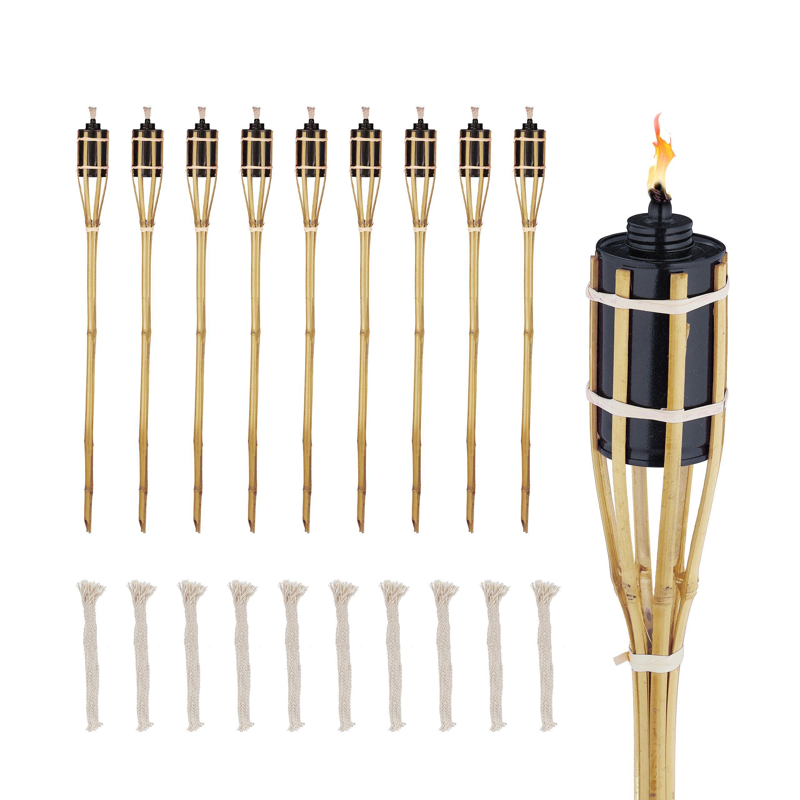 relaxdays Gartenfackel 10er Set Gartenfackeln Bambus 80 cm, Stimmungsvolle Beleuchtung im Außenbereich, Ölflamme, gelblich-orange