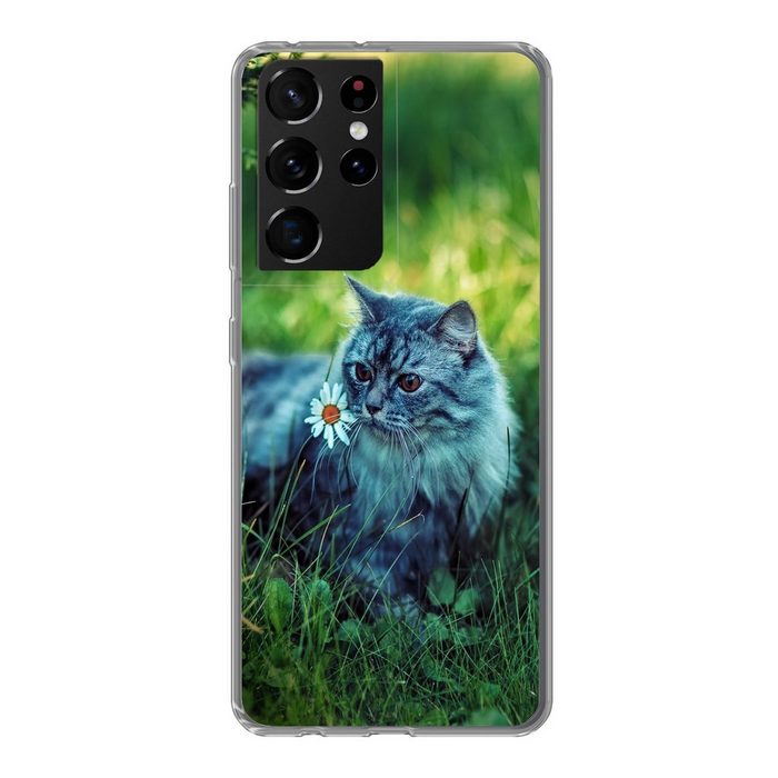 MuchoWow Handyhülle Graue Katze Phone Case Handyhülle Samsung Galaxy S21 Ultra Silikon Schutzhülle