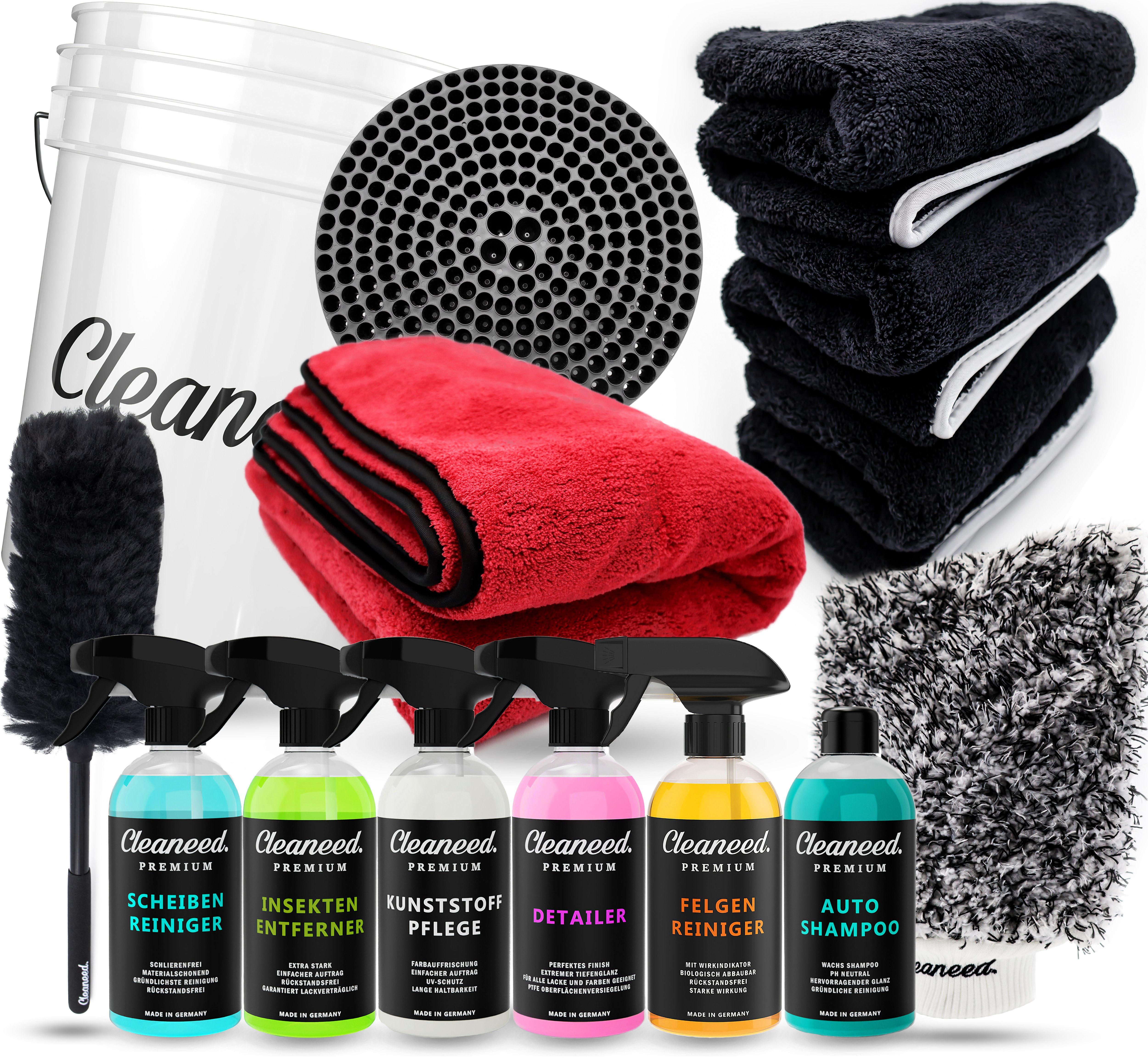 Cleaneed Premium Fortgeschrittener Auto Reinigungsset [14 Teile] Auto-Reinigungsmittel (Ideales Allrounder Autopflege Set, [14-St. Alles für die Reinigung und Pflege deines Autos Autowasch, Auto Putz Set)