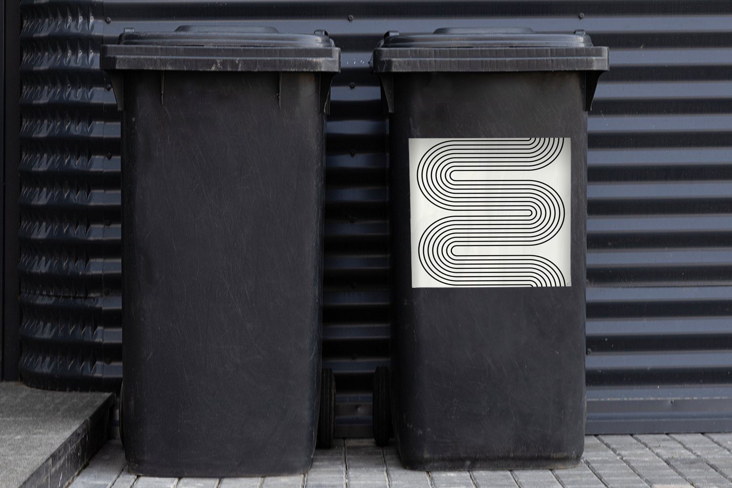 St), Container, MuchoWow Schwarz Abstrakt (1 Abfalbehälter - - Wandsticker Sticker, Linie Taupe Mülltonne, - Mülleimer-aufkleber,