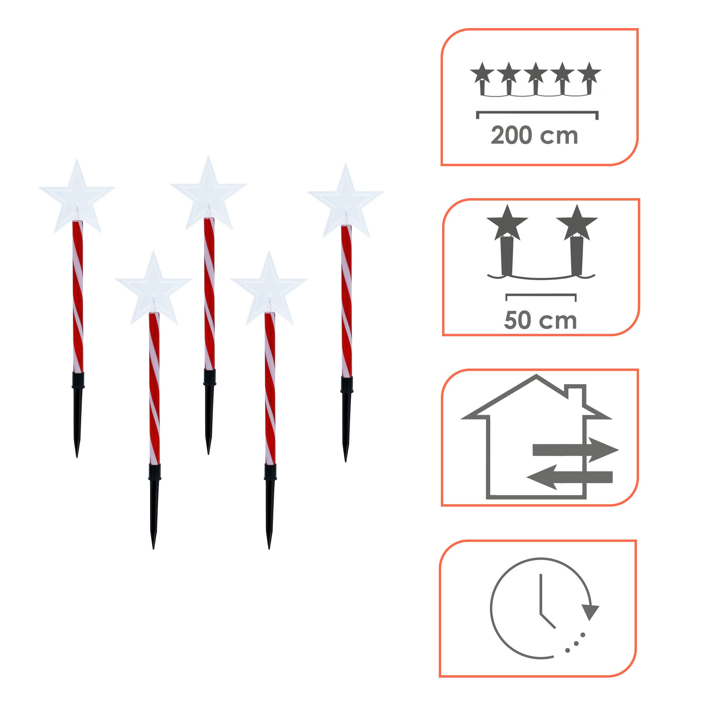 Spetebo Gartenstecker LED Stern rot / weiß mit Timer (Set, 1-St., 5 Sterne) mit Timer Funktion