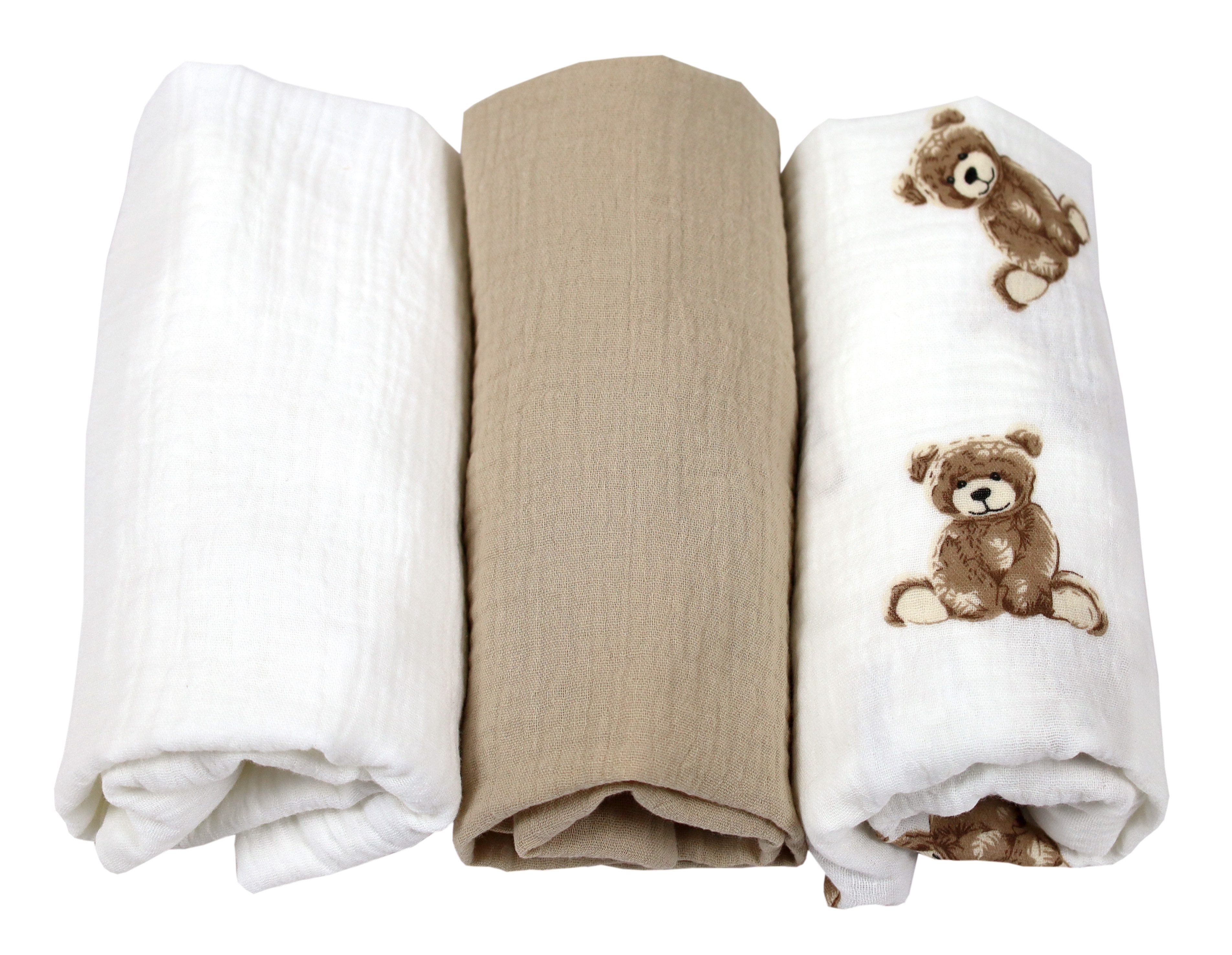 BabyLux Spannbettlaken Musselin Set – 3er Pack 40x80 cm für Kinderwagen Stubenwagen Babybett, Gummizug: ja, z11 Weiß-Sand-Bär