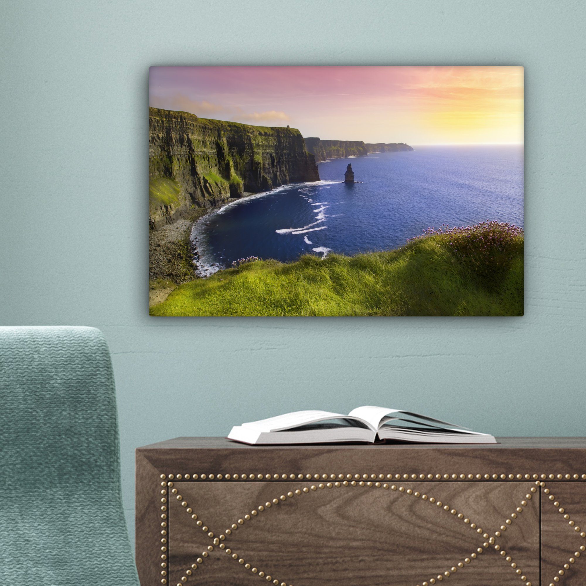 (1 Moher of Wandbild Irland, Cliffs den in Aufhängefertig, 30x20 cm OneMillionCanvasses® Wanddeko, auf Leinwandbild Sonnenlicht St), Leinwandbilder,
