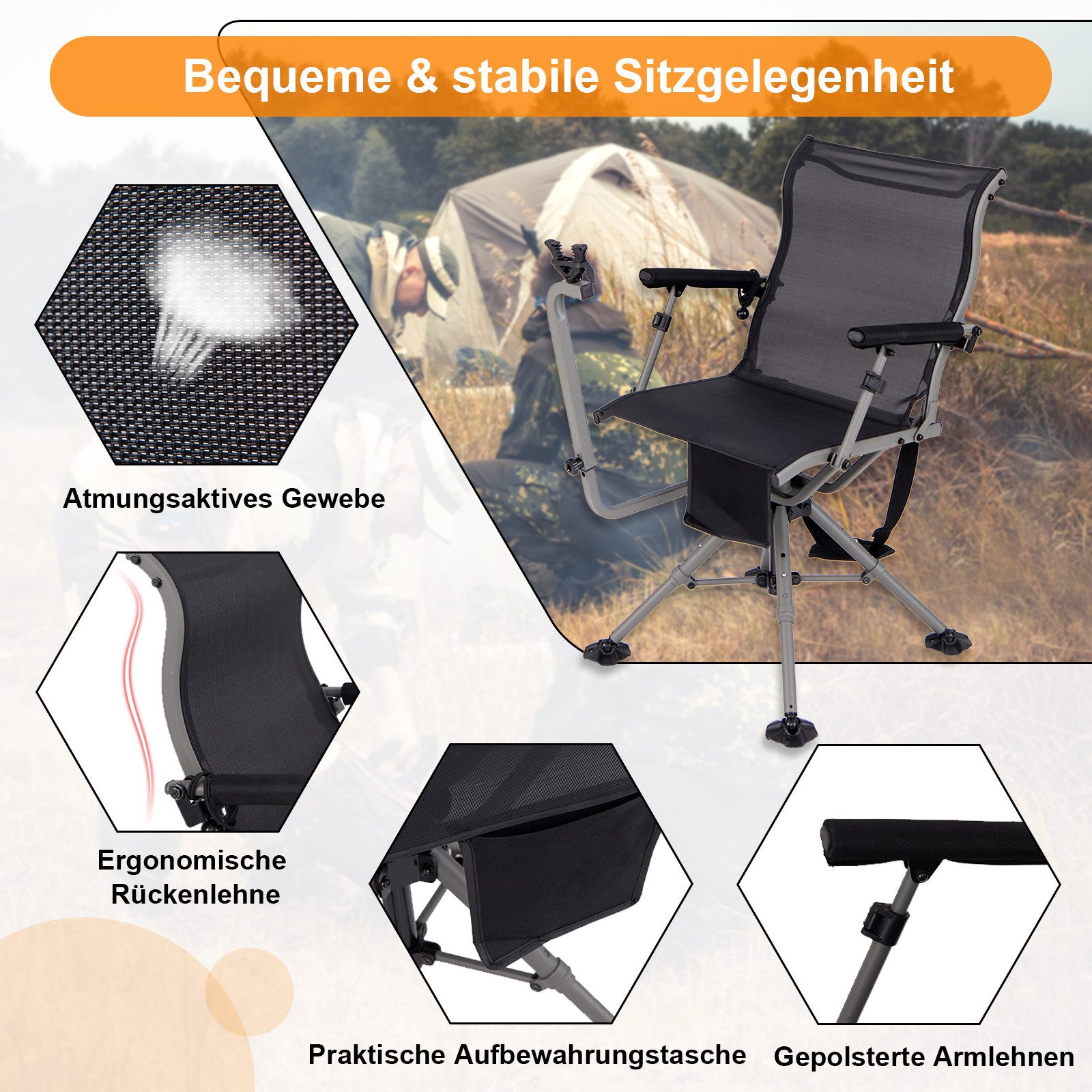 KOMFOTTEU Campingstuhl, Jagdstuhl 360°drehbar, klappbarer Jägersitz bis 150kg